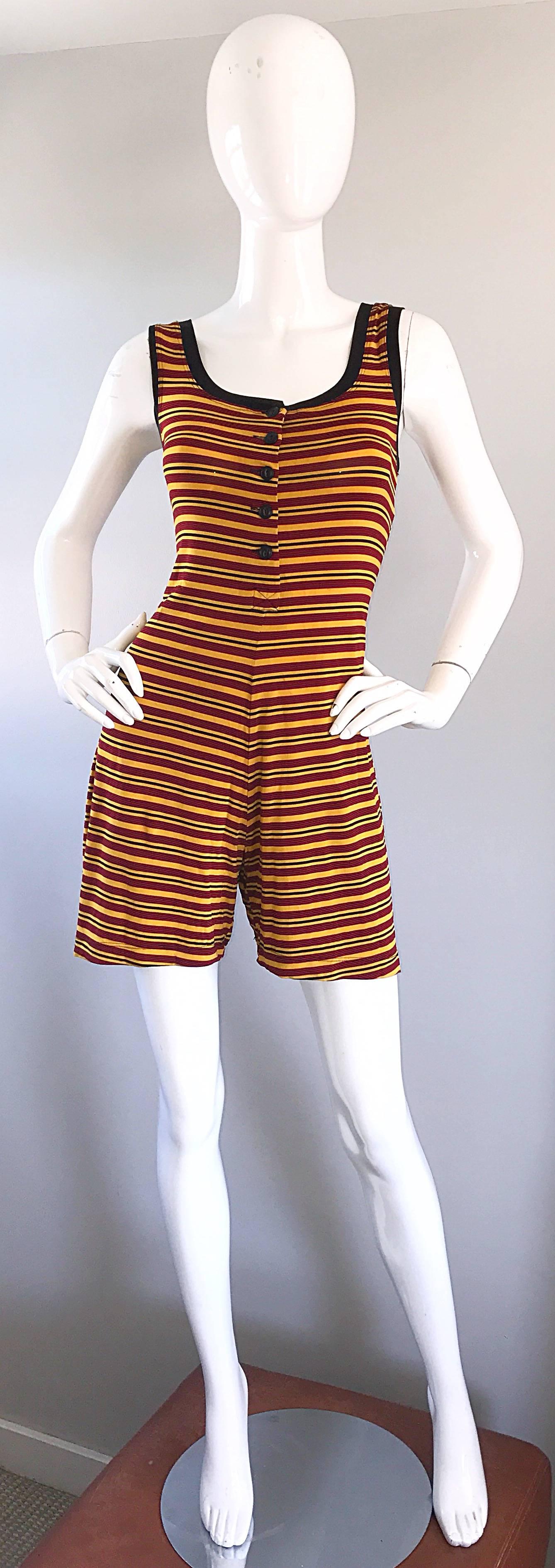 Vintage Betsey Johnson 1920s Inspired 1990s Yellow and Maroon Striped 90s Romper For Sale 2