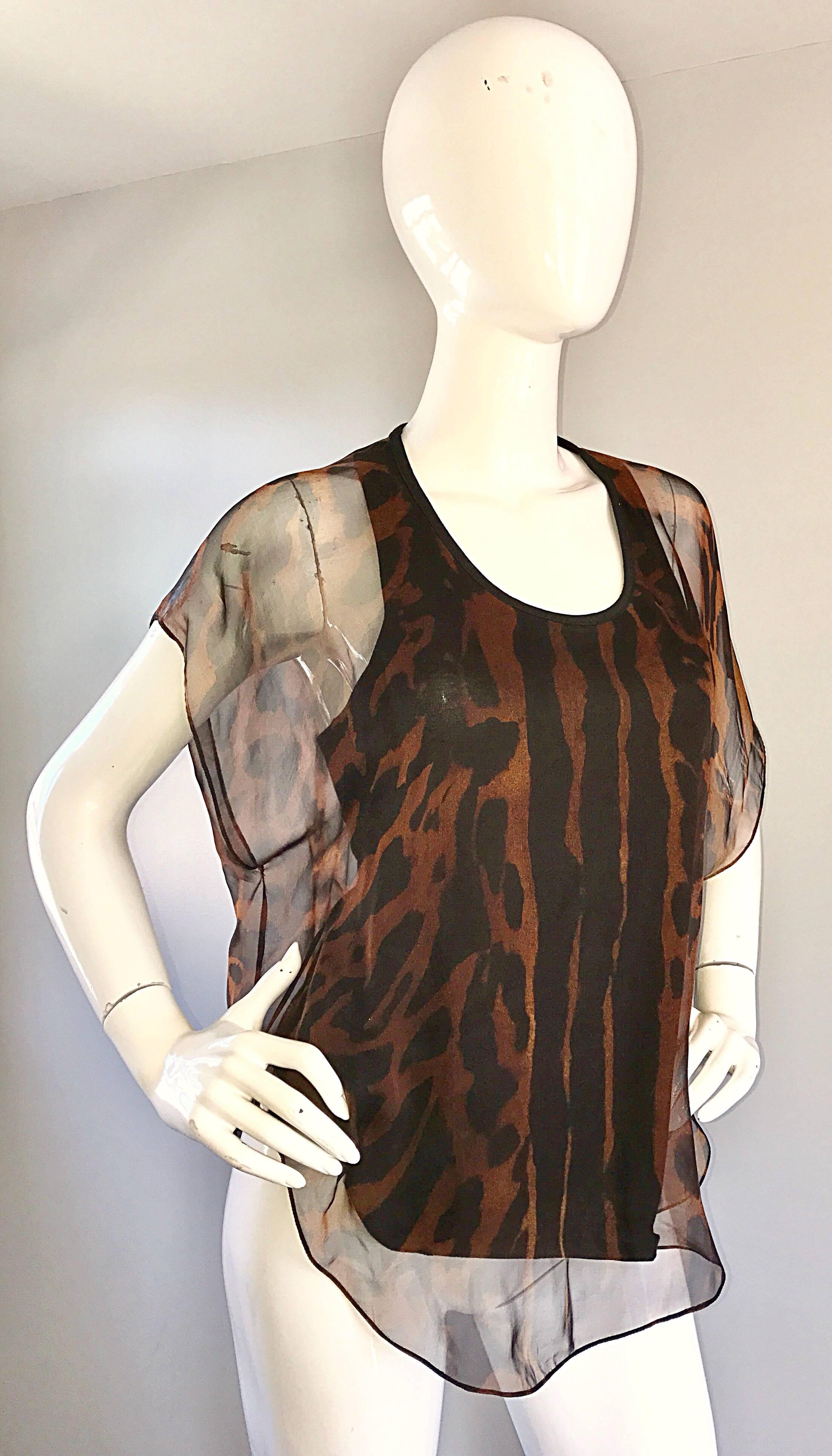Black Alexander McQueen Leopard Print Silk Chiffon Flutter Sleeve Racerback Blouse Top For Sale