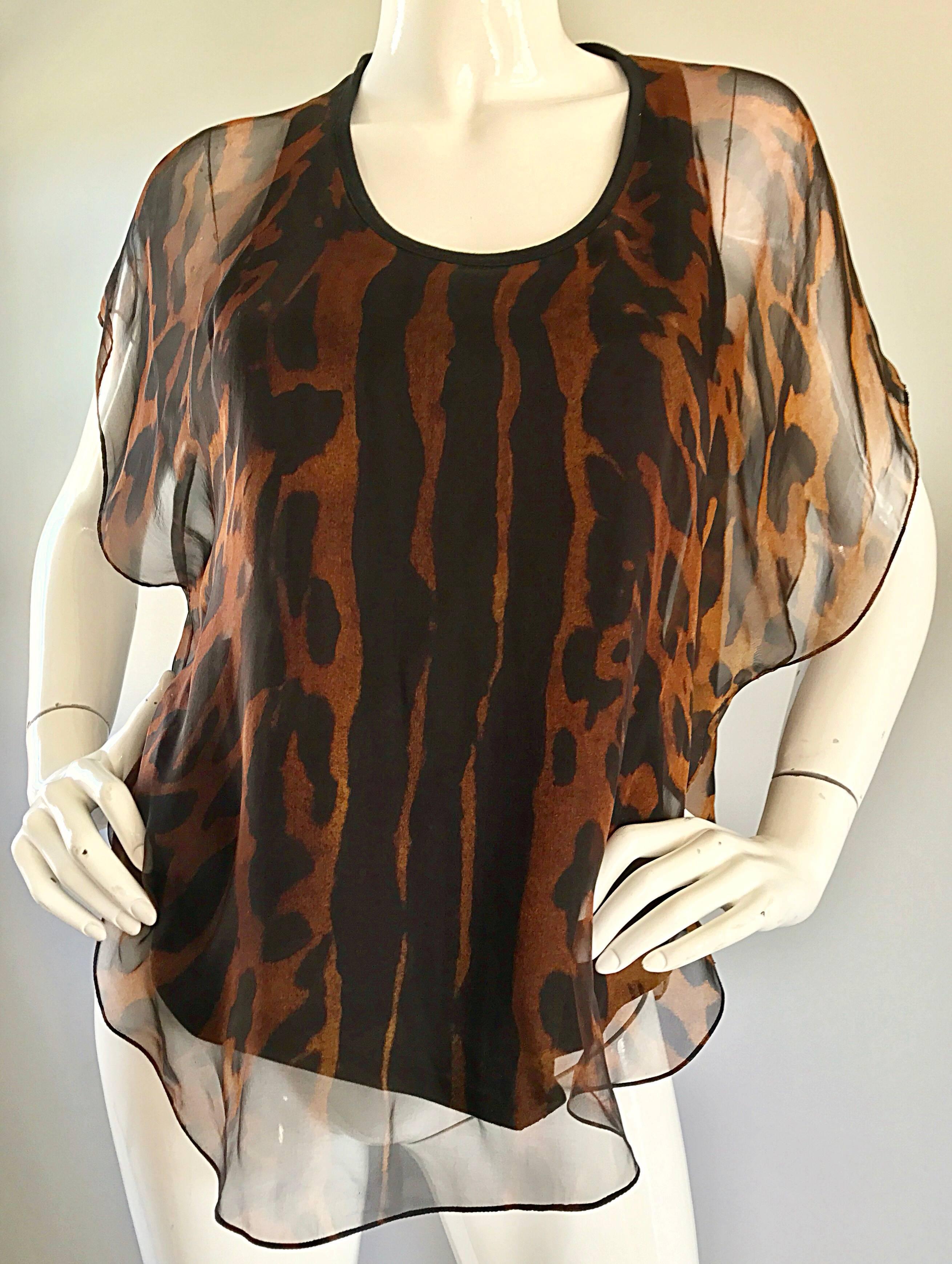 Women's Alexander McQueen Leopard Print Silk Chiffon Flutter Sleeve Racerback Blouse Top For Sale