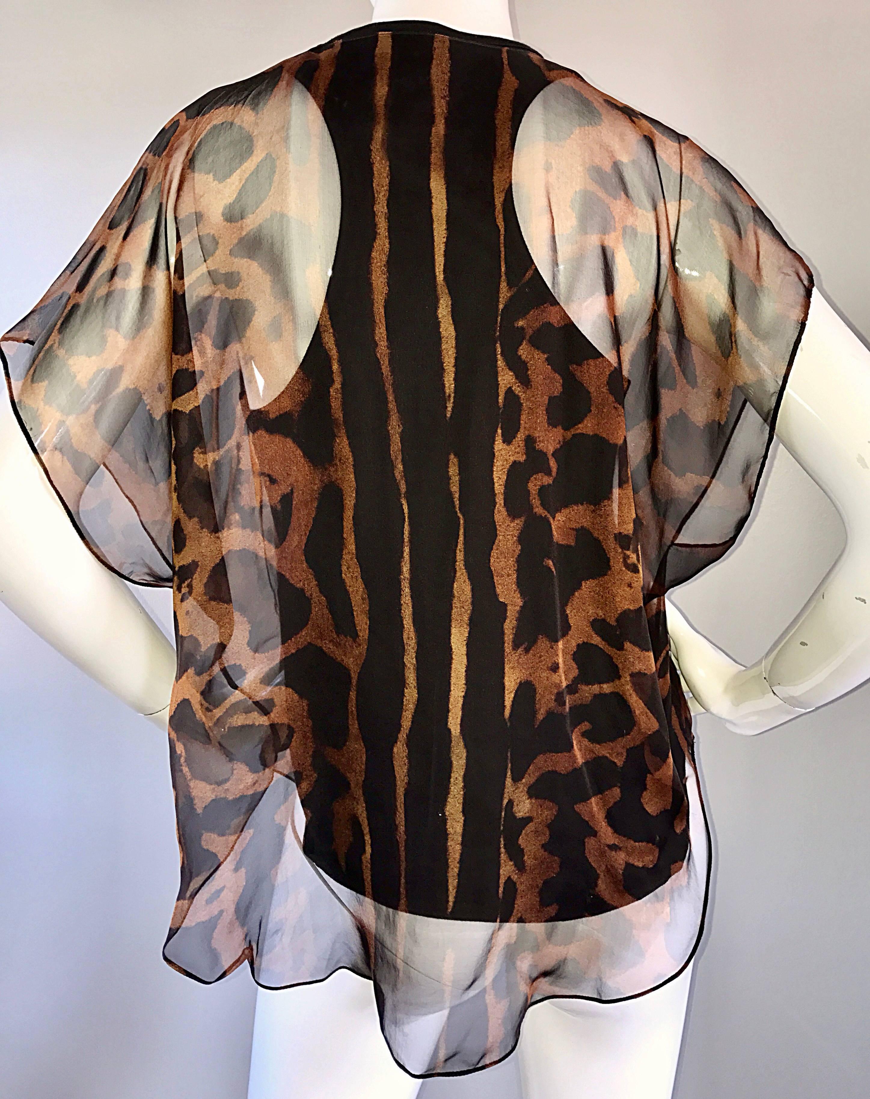 Alexander McQueen Leopard Print Silk Chiffon Flutter Sleeve Racerback Blouse Top For Sale 1