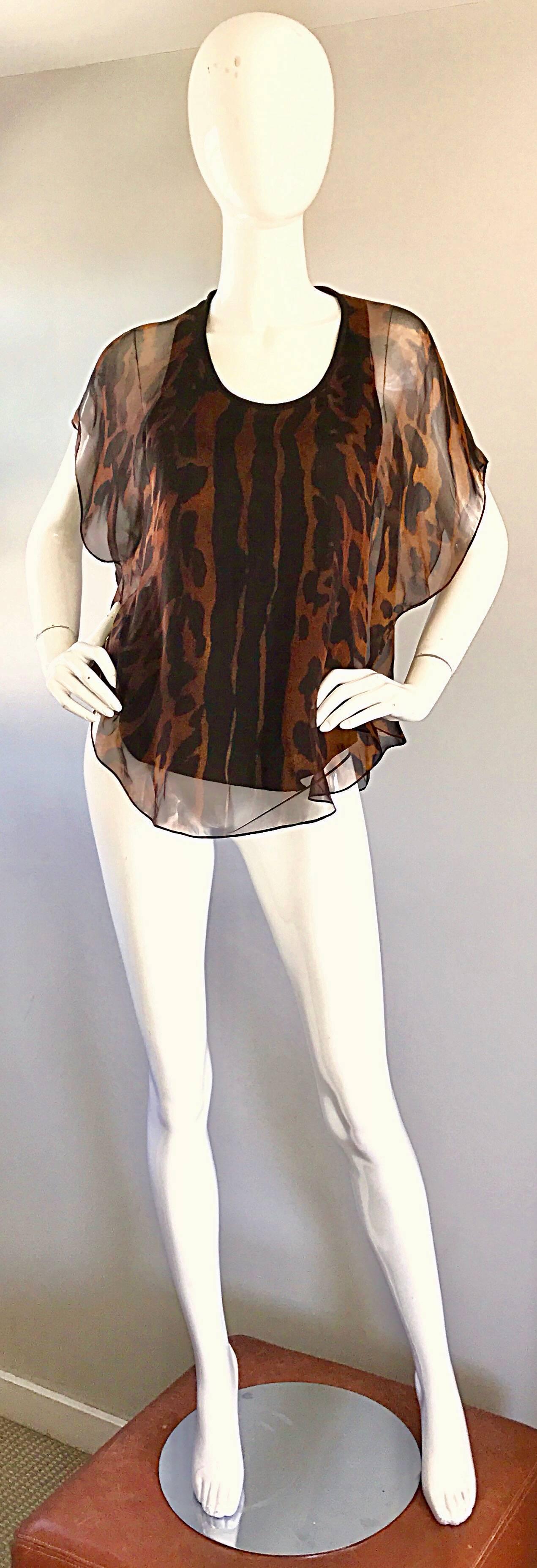 Alexander McQueen Leopard Print Silk Chiffon Flutter Sleeve Racerback Blouse Top For Sale 2