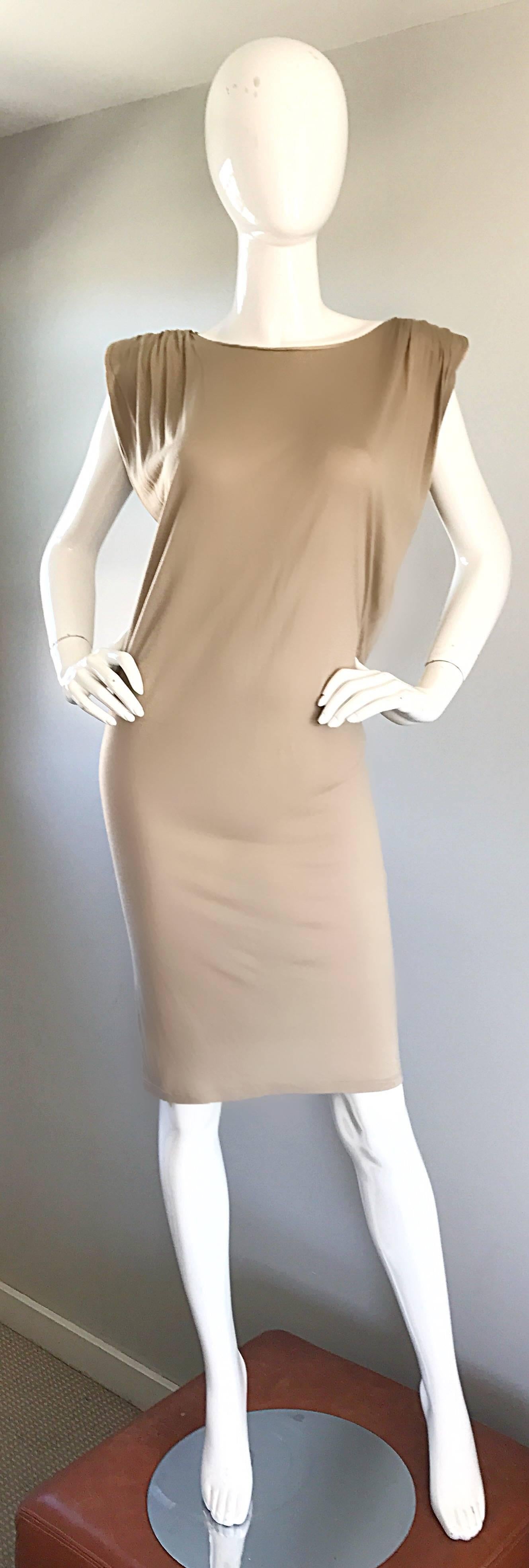 Brand new (with tags) LANVIN, by ALBER ELBAZ nude / taupe silk t-shirt dress! Not just your ordinary dress, this super soft beauty features strong shoulders (w/ chic built in exaggerated shoulder pads), along with beautiful and flattering drapery.