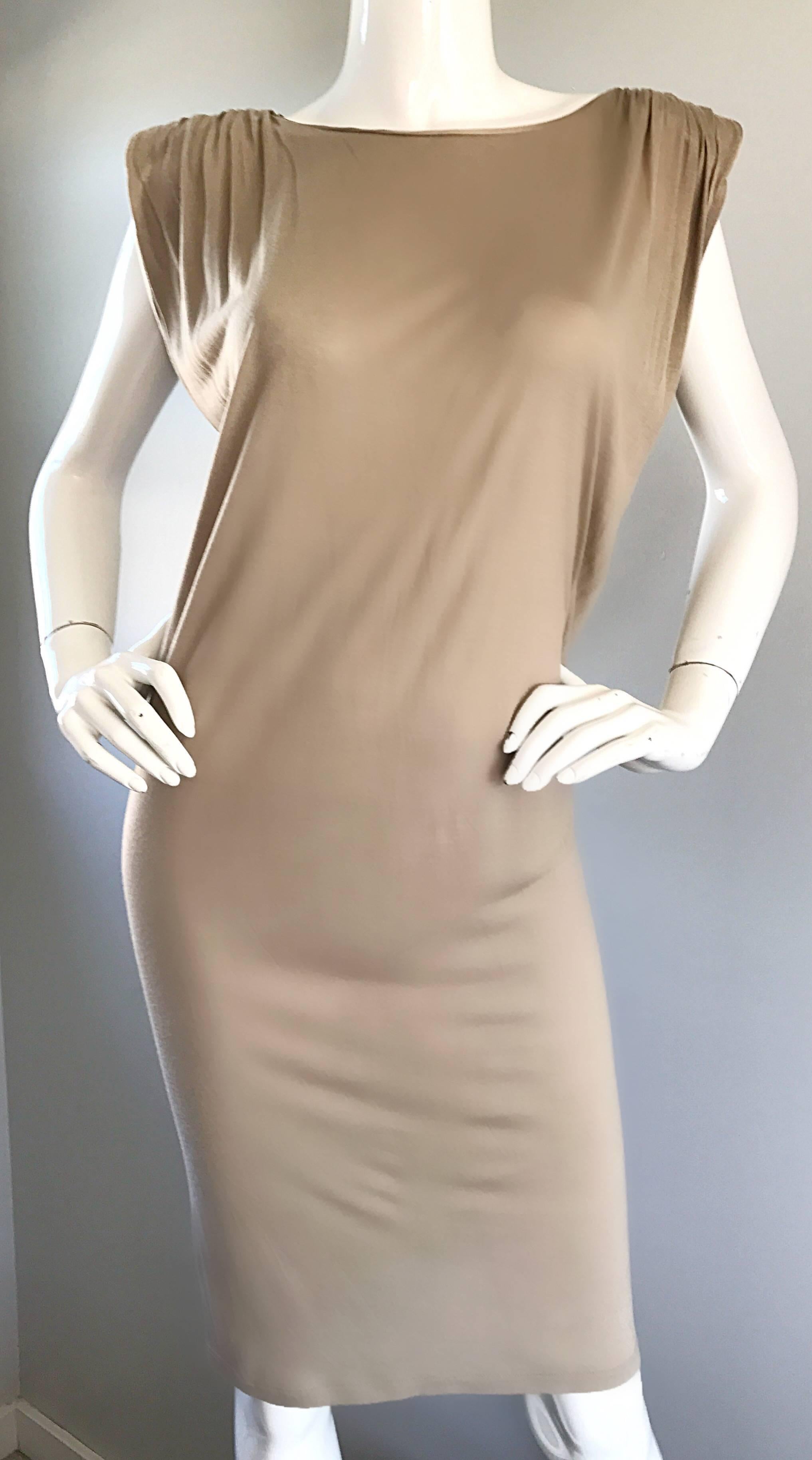 Brown New Lanvin Alber Elbaz Taupe Strong Shoulder Taupe Silk Avant Garde Dress NWT  For Sale