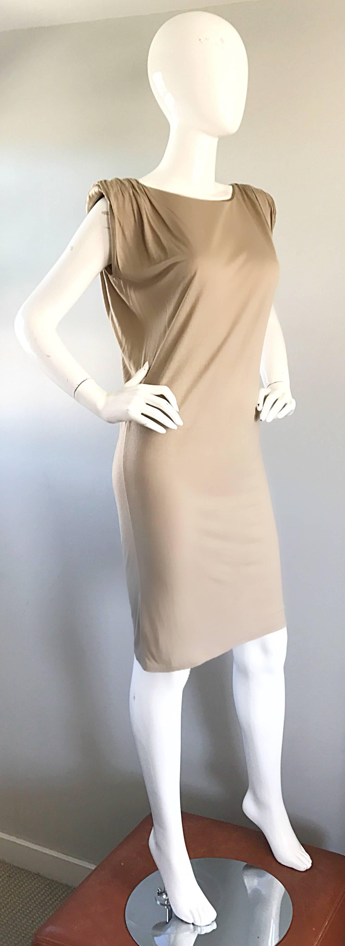 New Lanvin Alber Elbaz Taupe Strong Shoulder Taupe Silk Avant Garde Dress NWT  In New Condition For Sale In San Diego, CA