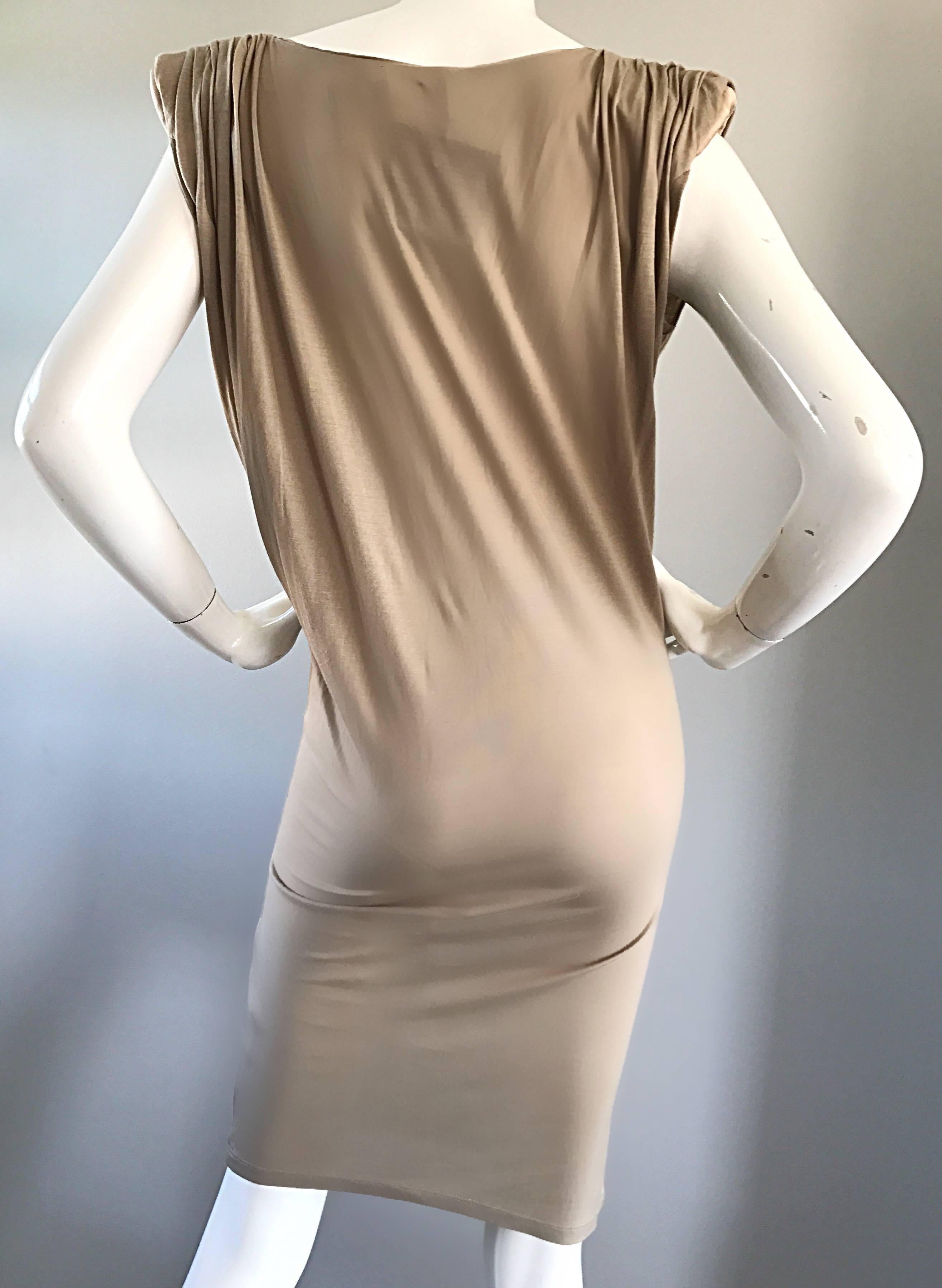 Women's New Lanvin Alber Elbaz Taupe Strong Shoulder Taupe Silk Avant Garde Dress NWT  For Sale