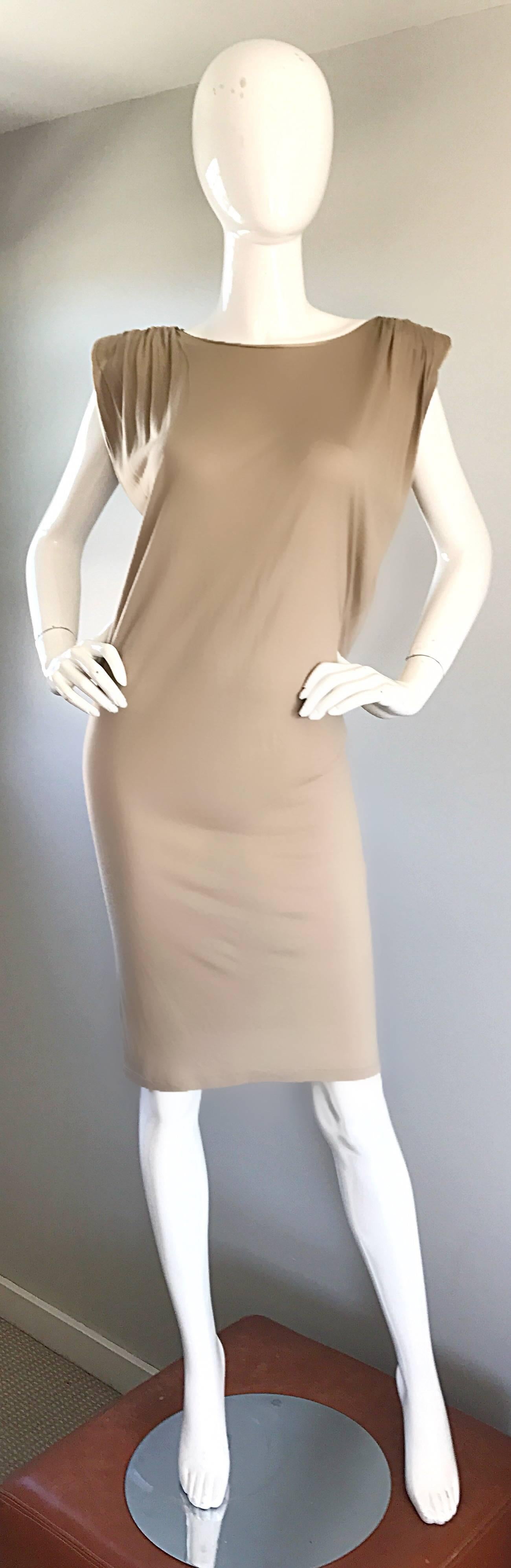 New Lanvin Alber Elbaz Taupe Strong Shoulder Taupe Silk Avant Garde Dress NWT For Sale 1