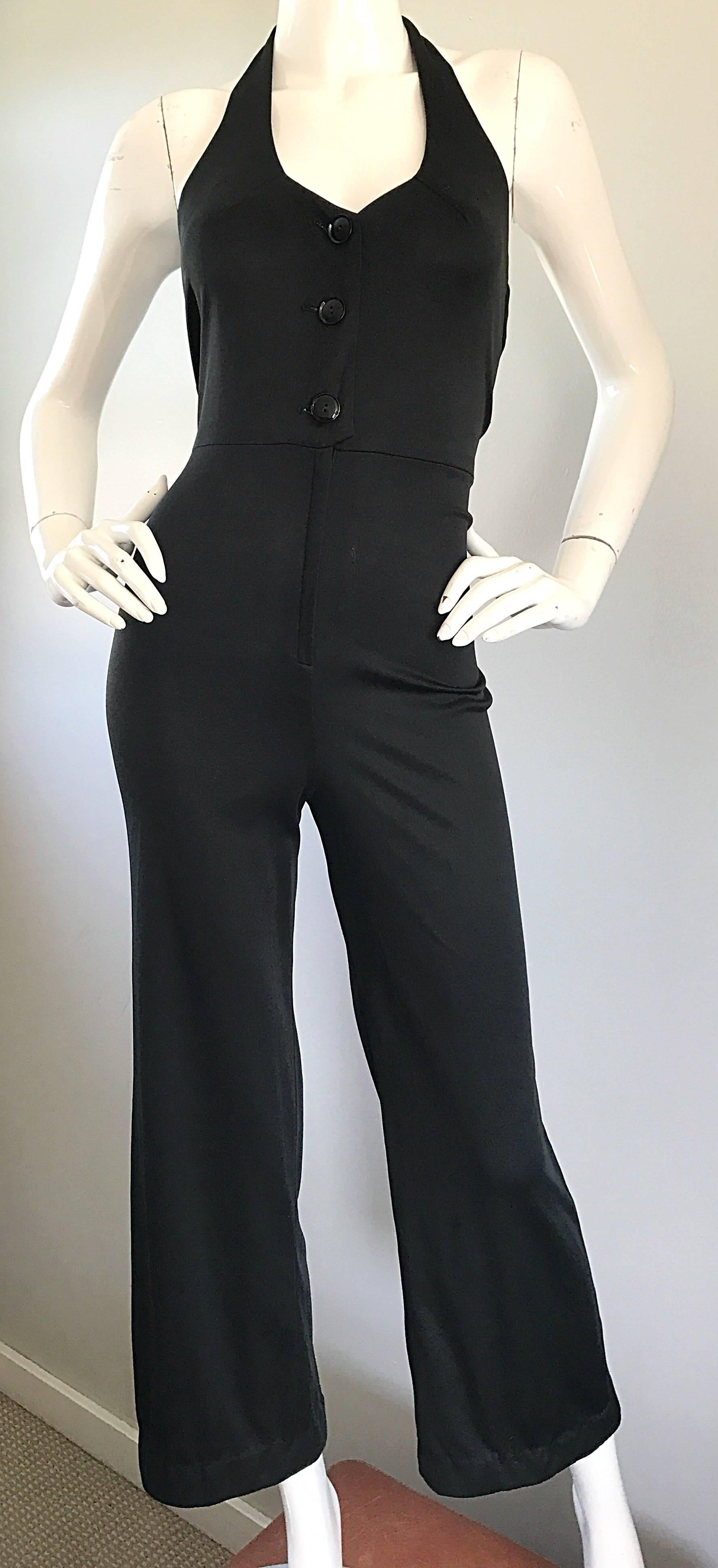 1970s Sexy Black Jersey Flare Leg Bell Bottom 70s Vintage Disco Halter Jumpsuit In Excellent Condition For Sale In San Diego, CA