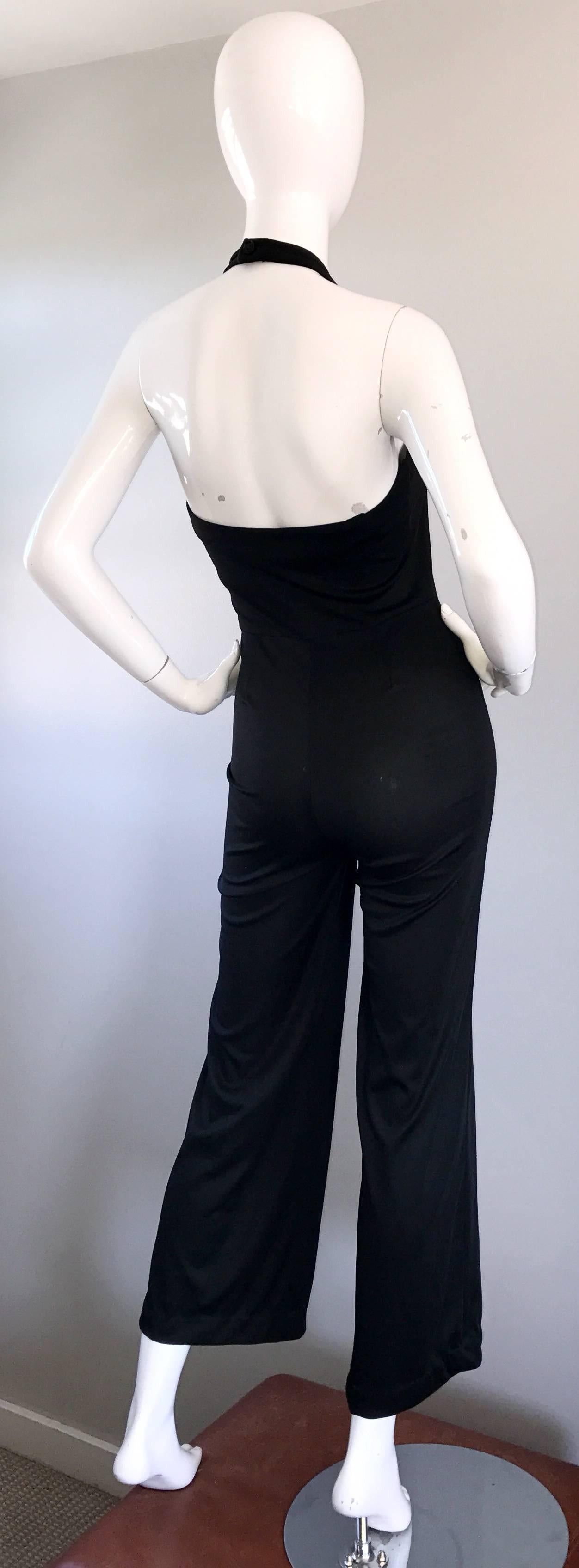 Women's 1970s Sexy Black Jersey Flare Leg Bell Bottom 70s Vintage Disco Halter Jumpsuit For Sale