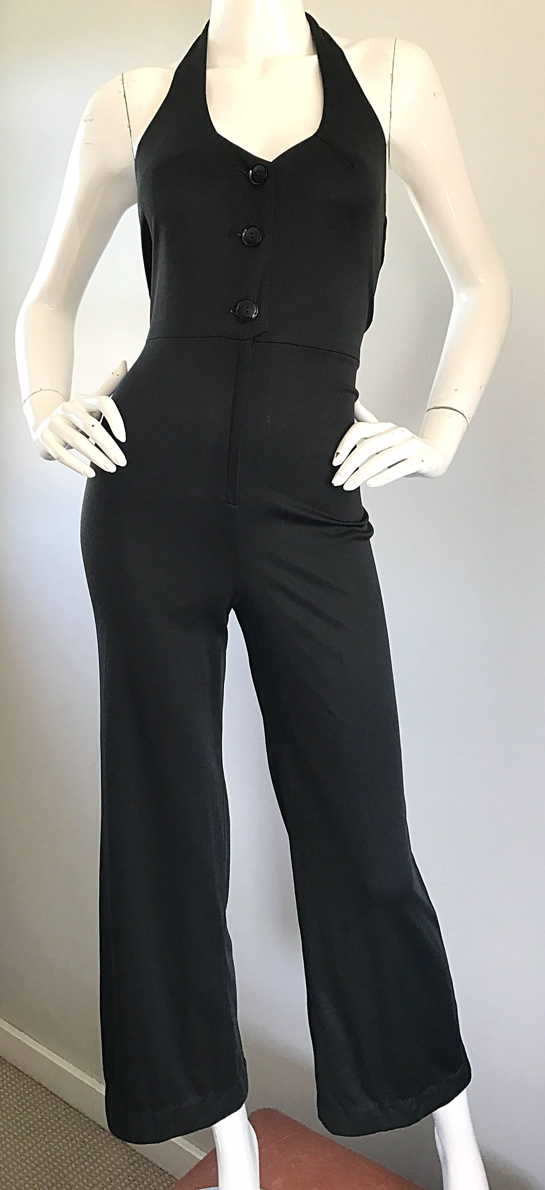 1970s Sexy Black Jersey Flare Leg Bell Bottom 70s Vintage Disco Halter Jumpsuit For Sale 1