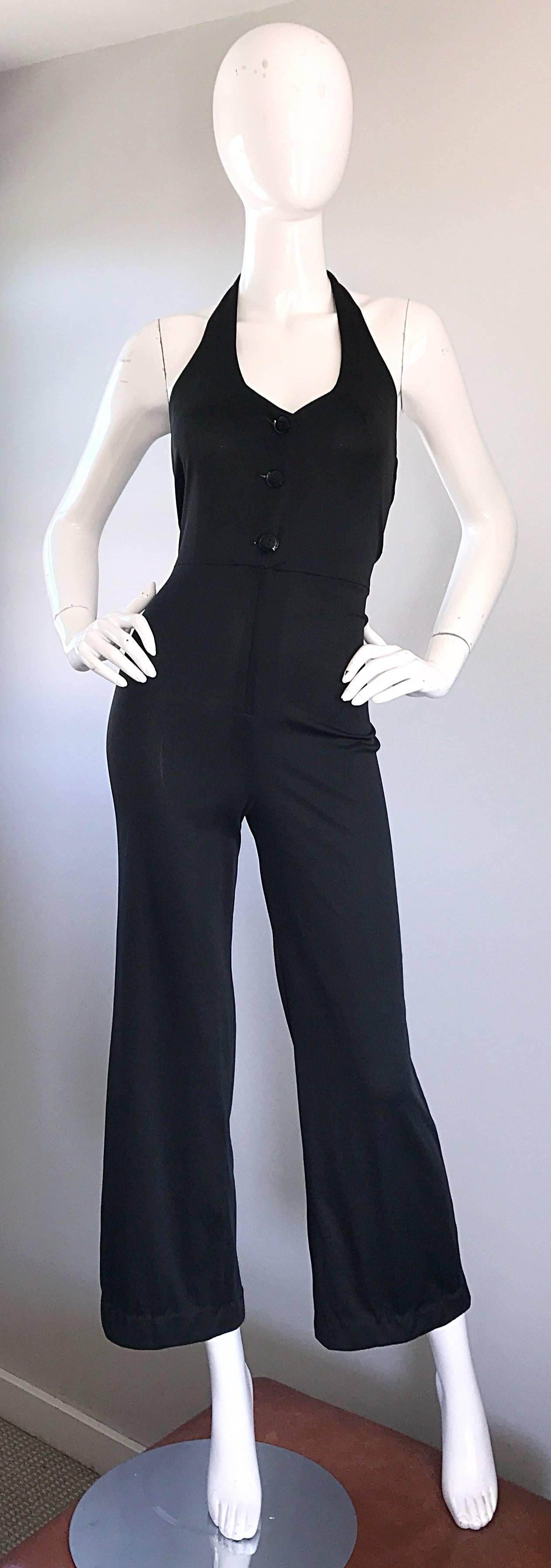1970s Sexy Black Jersey Flare Leg Bell Bottom 70s Vintage Disco Halter Jumpsuit For Sale 2