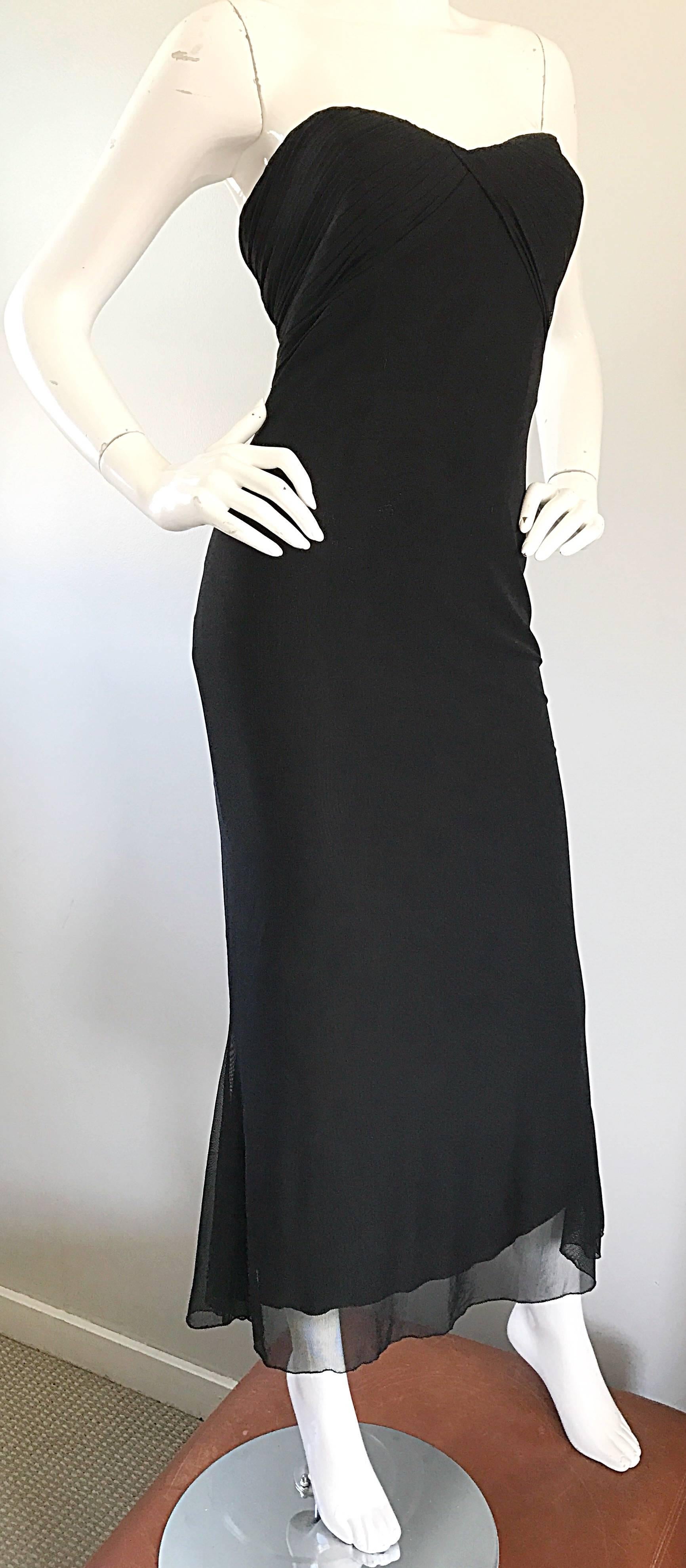 Women's Vicky Tiel Couture Vintage Black Silk Mesh Strapless 1990s Strapless Gown Dress For Sale