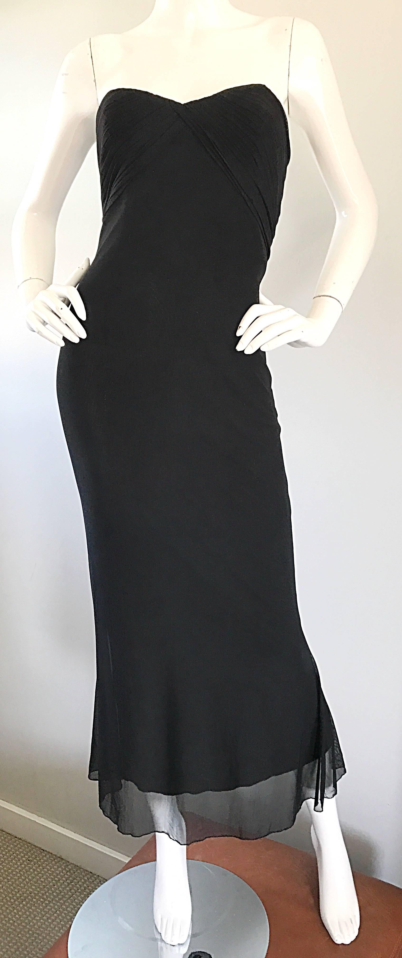 Vicky Tiel Couture Vintage Schwarz Seide Mesh trägerlos 1990er Jahre trägerloses Kleid im Angebot 2
