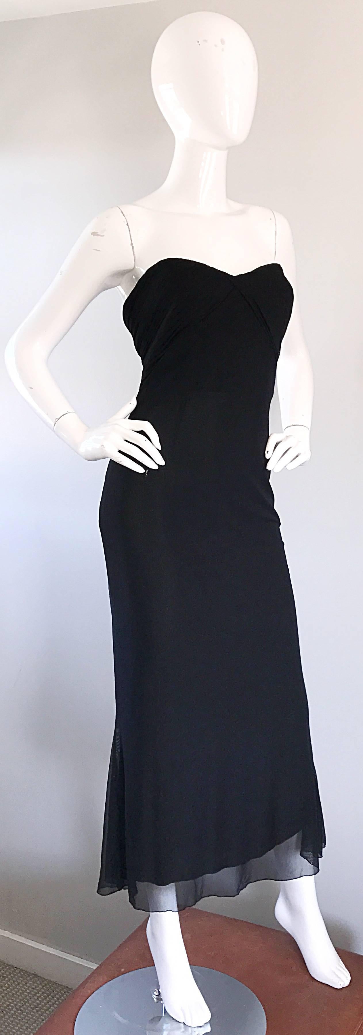 Vicky Tiel Couture Vintage Schwarz Seide Mesh trägerlos 1990er Jahre trägerloses Kleid im Angebot 3