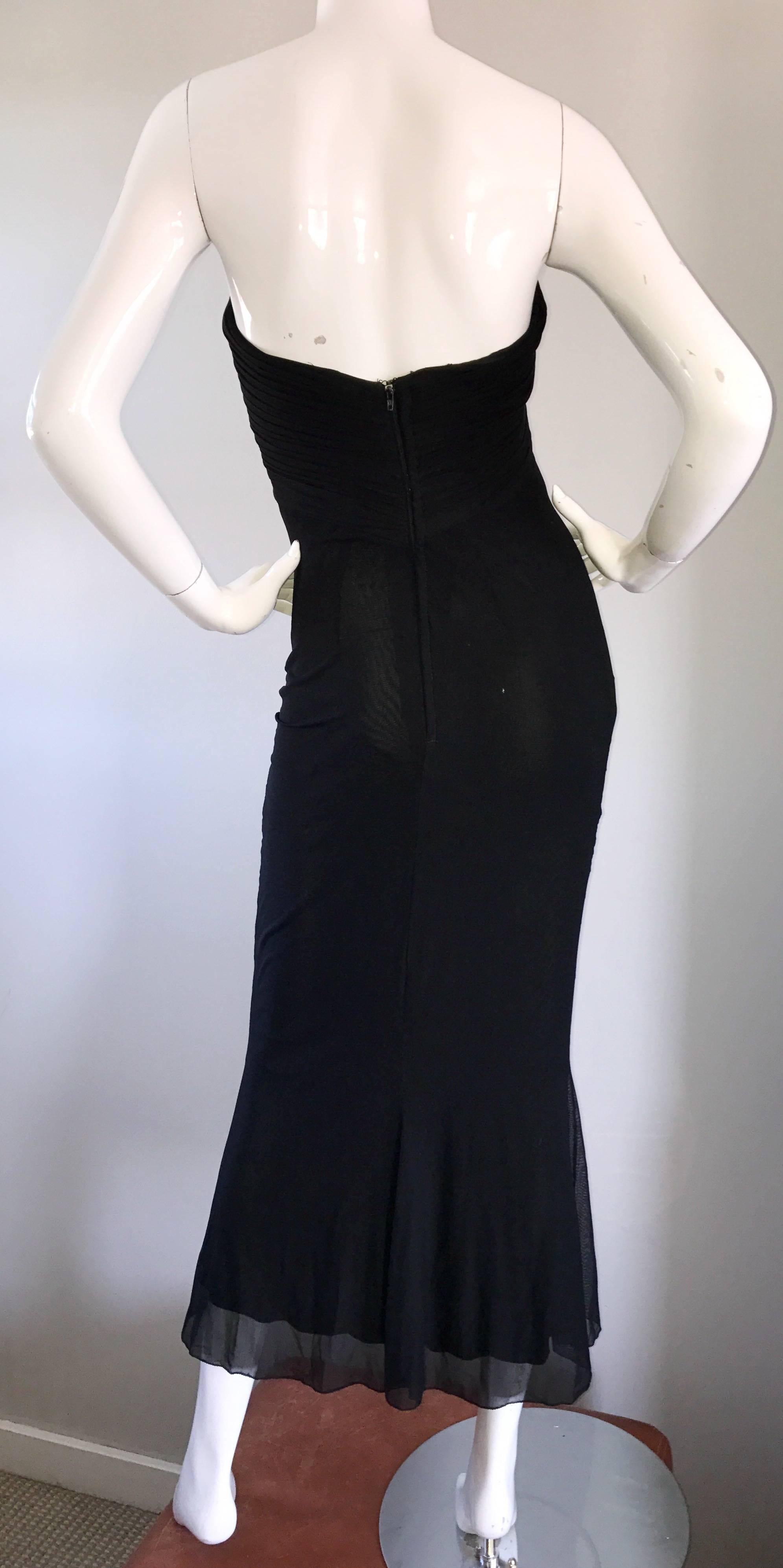 Vicky Tiel Couture Vintage Schwarz Seide Mesh trägerlos 1990er Jahre trägerloses Kleid im Angebot 4