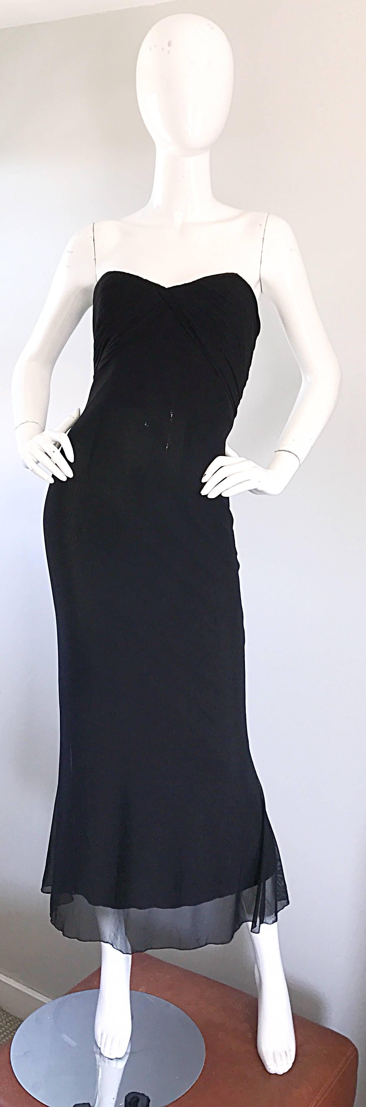 Vicky Tiel Couture Vintage Schwarz Seide Mesh trägerlos 1990er Jahre trägerloses Kleid im Angebot 5