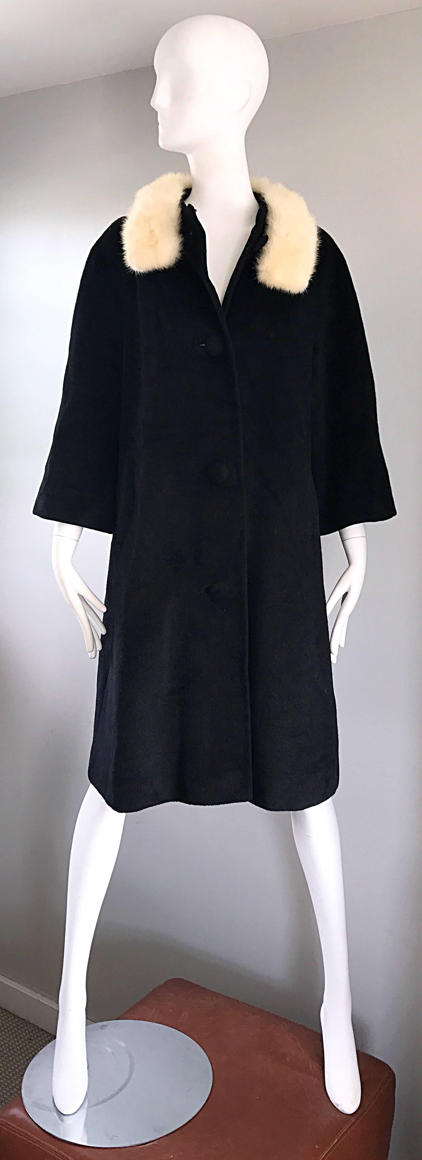 Lilli Ann 1960s Black and White Wool + Mink Fur Vintage 60s Swing Jacket Coat  For Sale 1