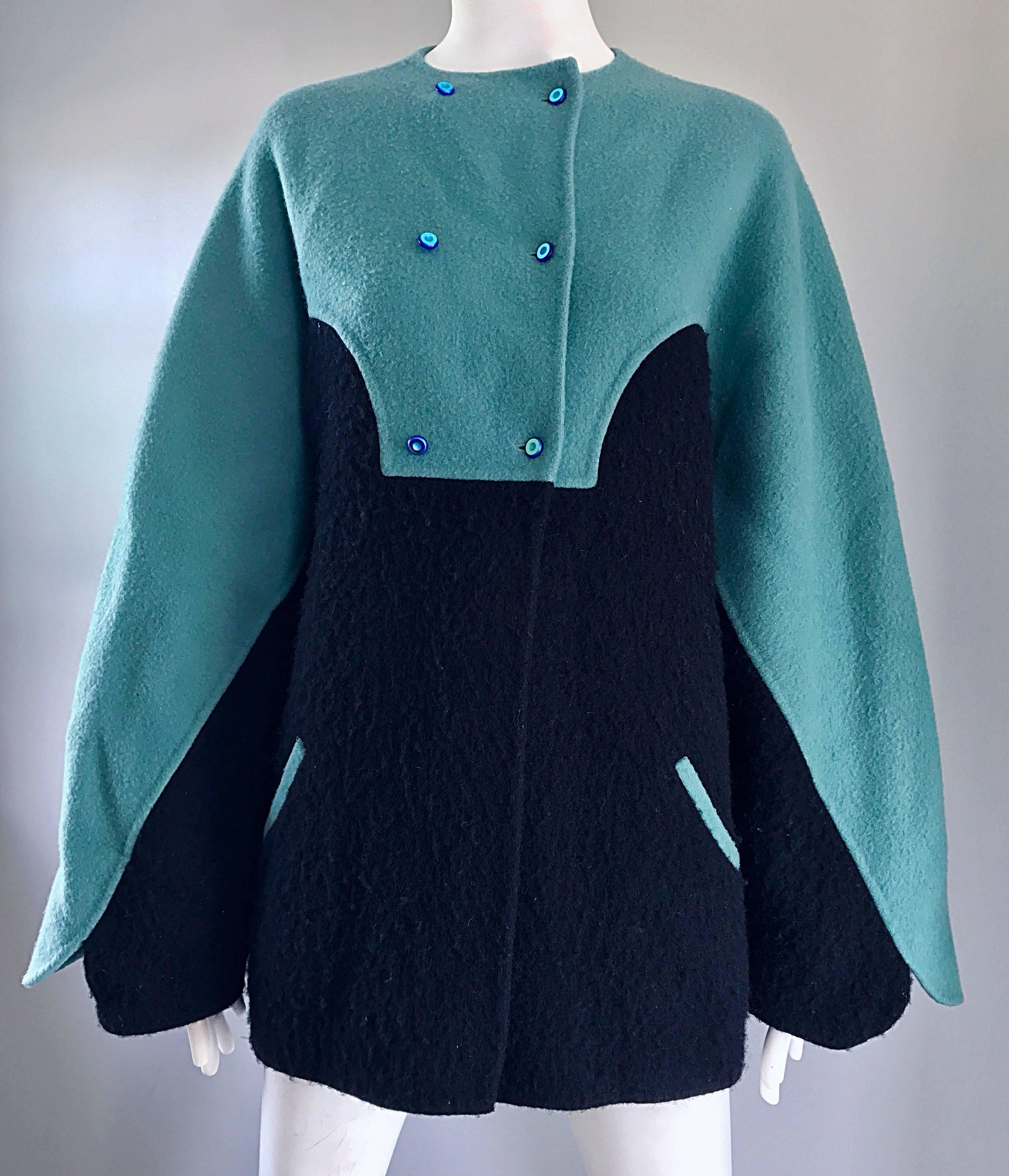 Vintage Geoffrey Beene 80s Blue Black Boiled Wool Avant Garde Swing Jacket Coat In Good Condition For Sale In San Diego, CA