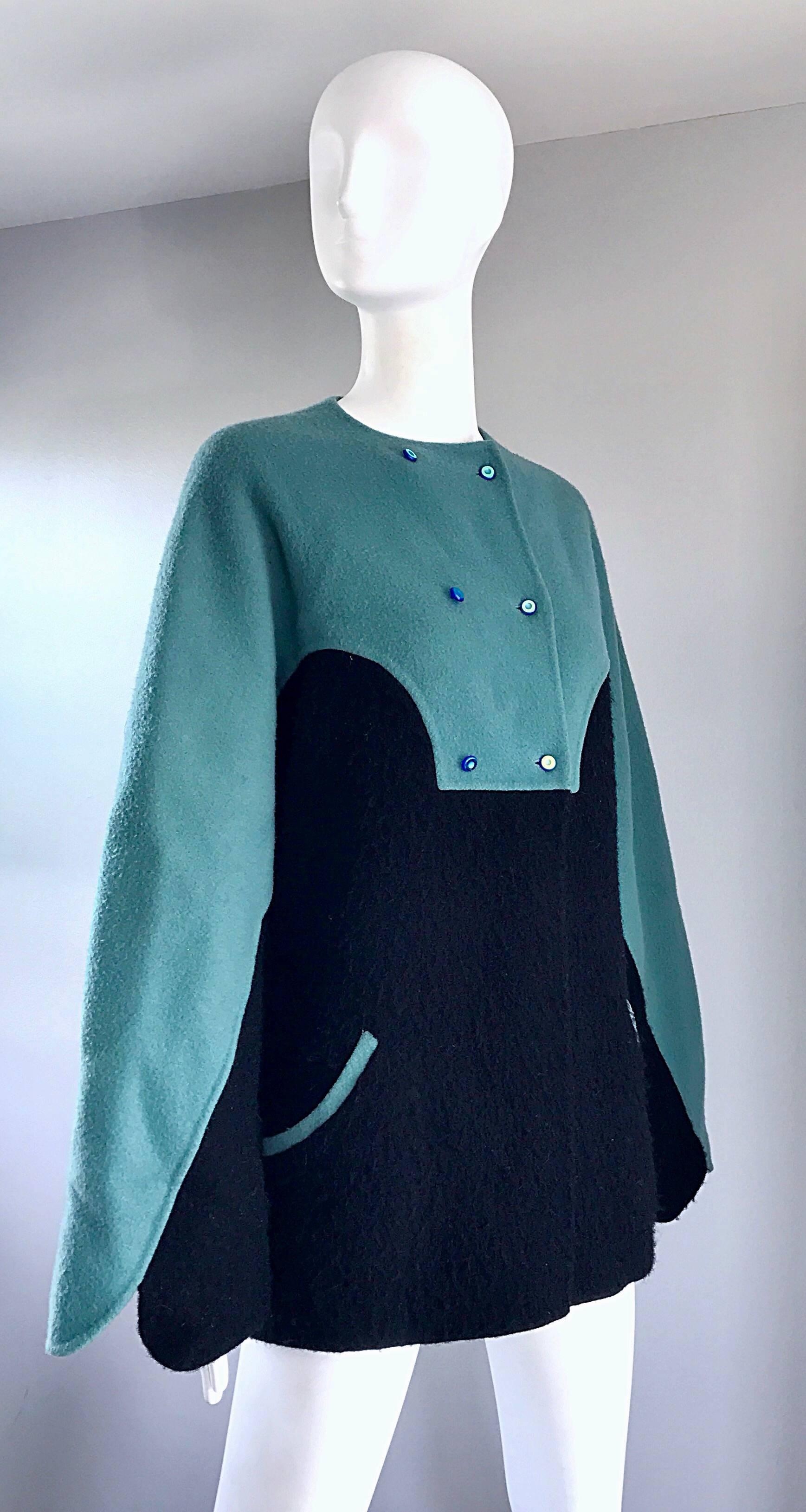Women's Vintage Geoffrey Beene 80s Blue Black Boiled Wool Avant Garde Swing Jacket Coat  For Sale