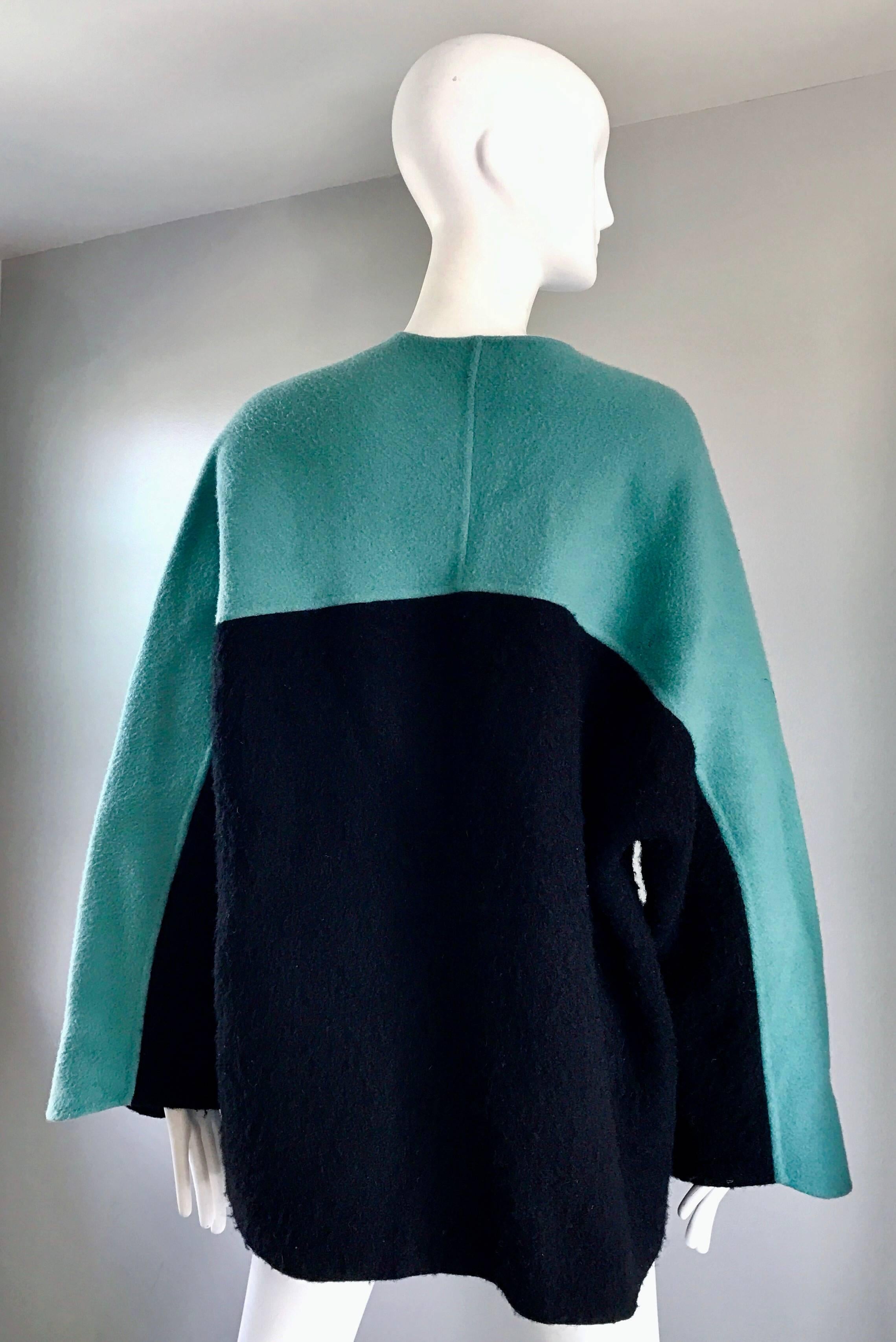 Vintage Geoffrey Beene 80s Blue Black Boiled Wool Avant Garde Swing Jacket Coat For Sale 2