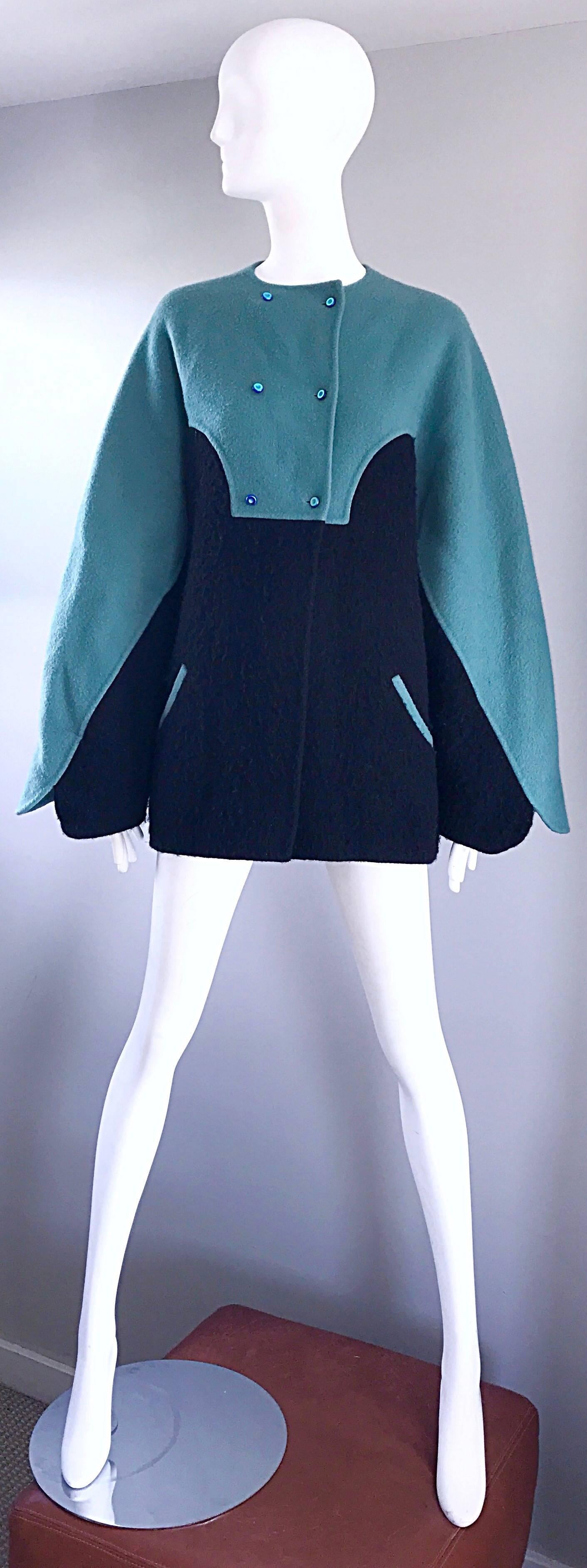 Vintage Geoffrey Beene 80s Blue Black Boiled Wool Avant Garde Swing Jacket Coat  For Sale 3