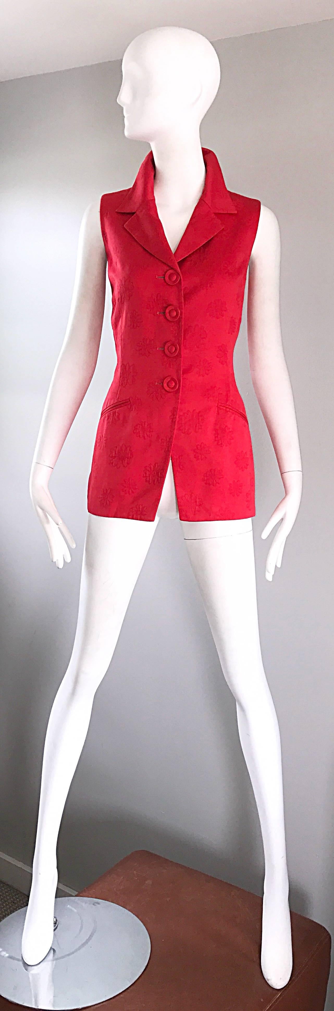 Beautiful vintage 90s CHRISTIAN DIOR lipstick red flower embroidered vest! Chic fitted tailored bodice looks amazing on! Four fabric covered buttons up the bodice, and pockets at each side of the waist. Fully lined. Can easily be dressed up or down.