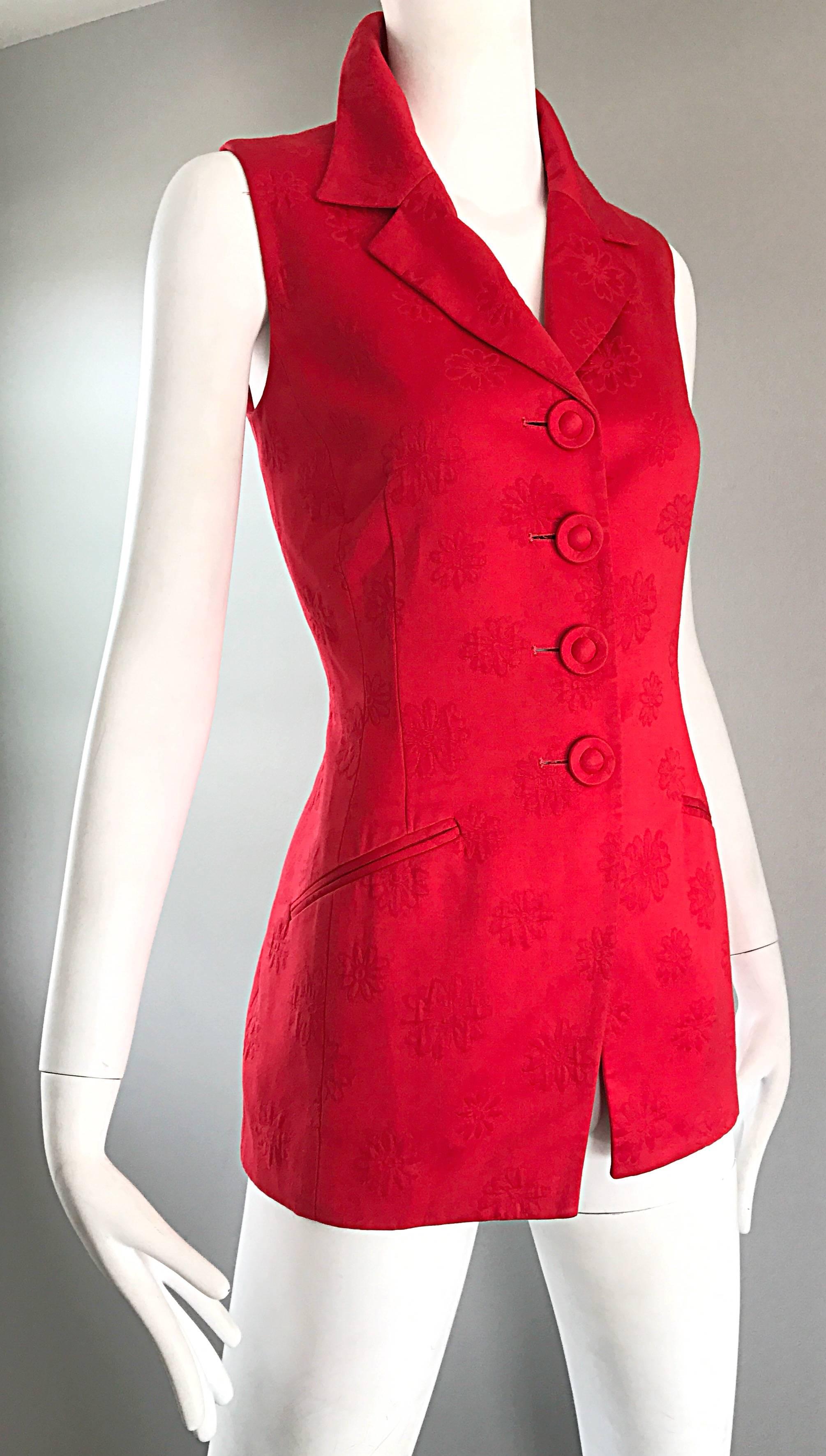 Christian Dior Vintage Lipstick Red Sleeveless Flower Print 1990s Vest Waistcoat In Excellent Condition In San Diego, CA