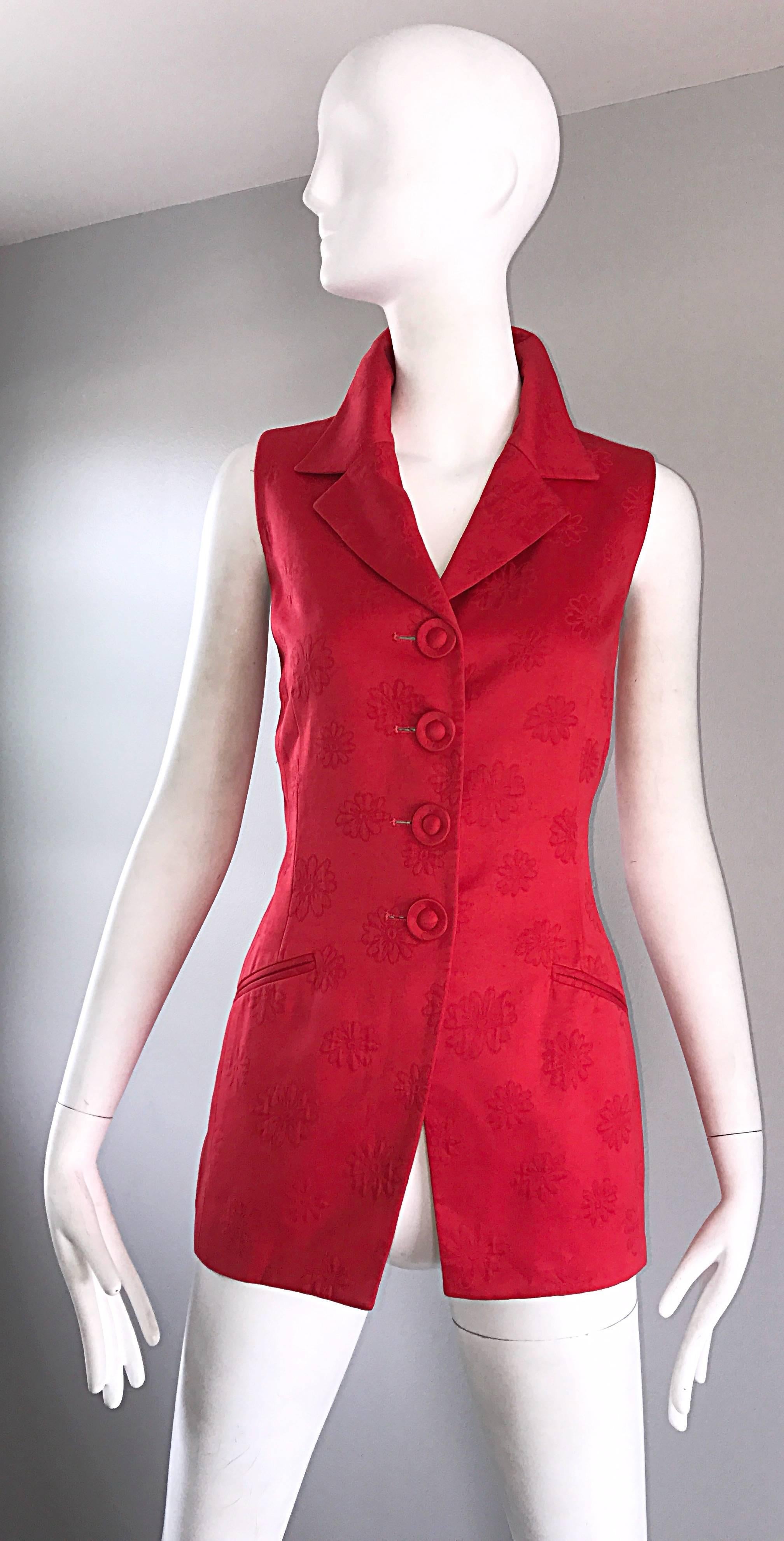 Christian Dior Vintage Lipstick Red Sleeveless Flower Print 1990s Vest Waistcoat 2