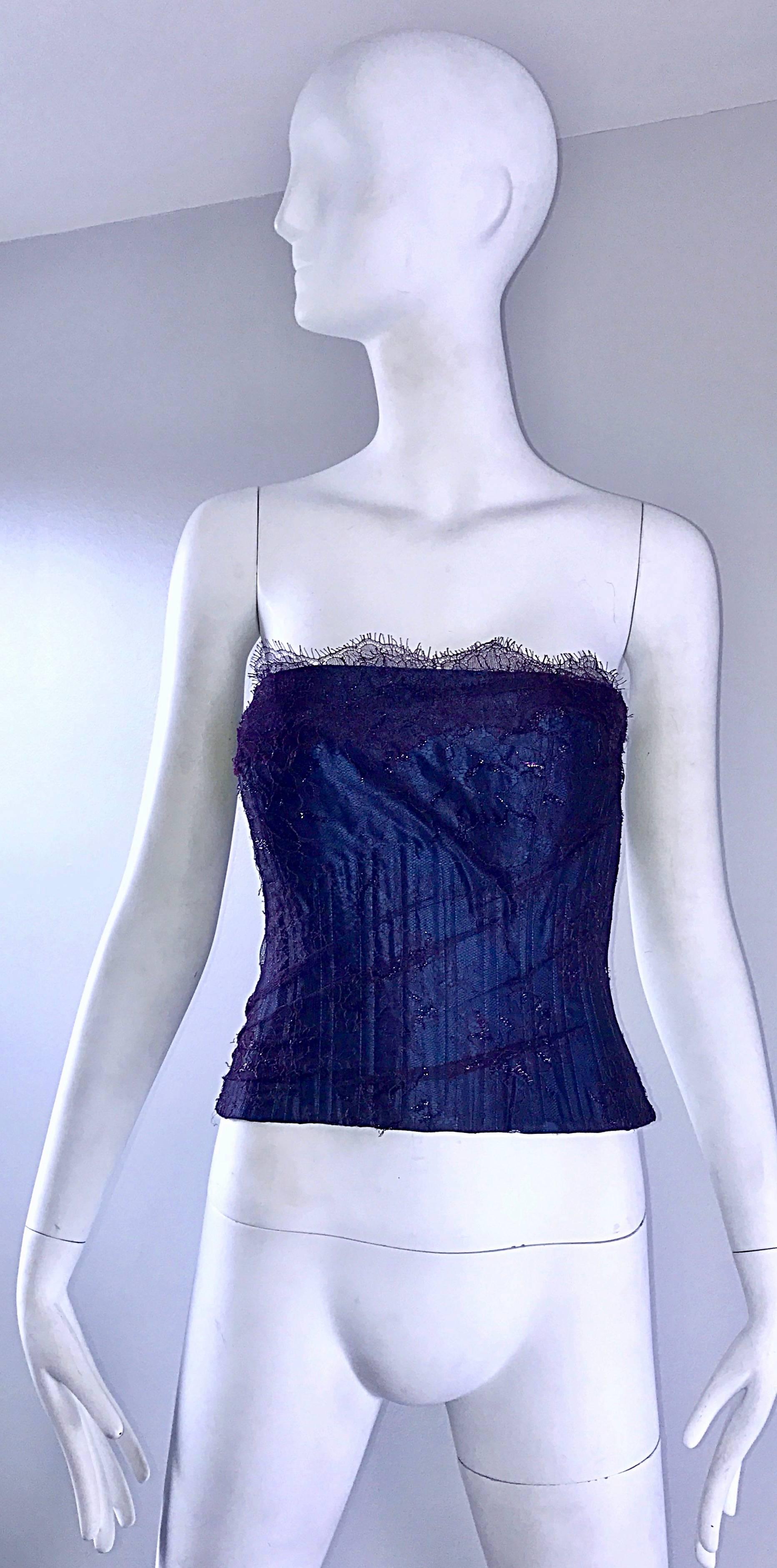 Stunning 1950s couture quality bustier top! Features navy blue silk taffeta, with a royal purple lace overlay. Ruched details throughout the lace. Full metal zipper up the back. Interior boning to hold everything in place. Great with jeans or a