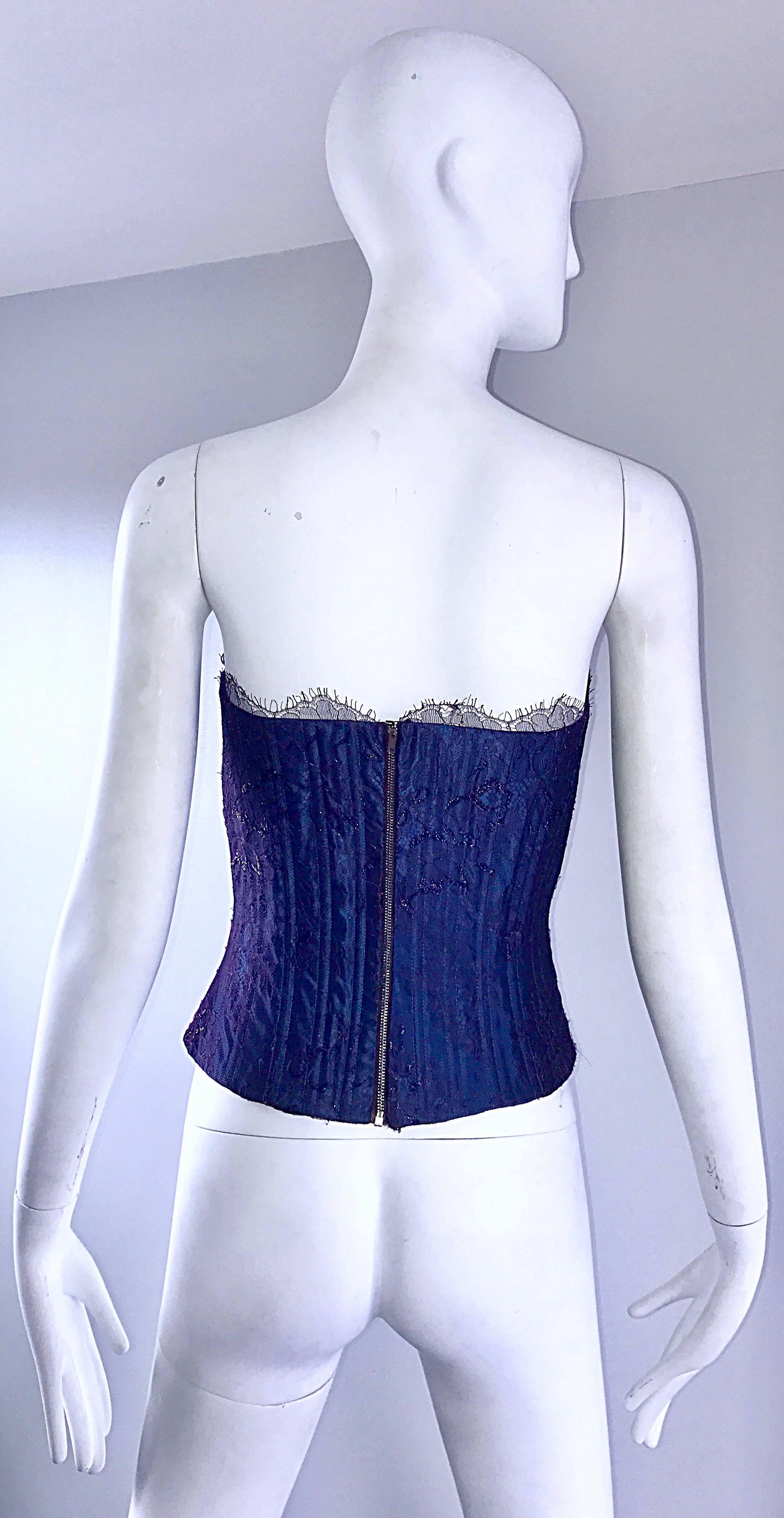 Gorgeous 1950s Purple + Blue Silk Lace Vintage 50s Bustier Corset Top Blouse In Excellent Condition In San Diego, CA