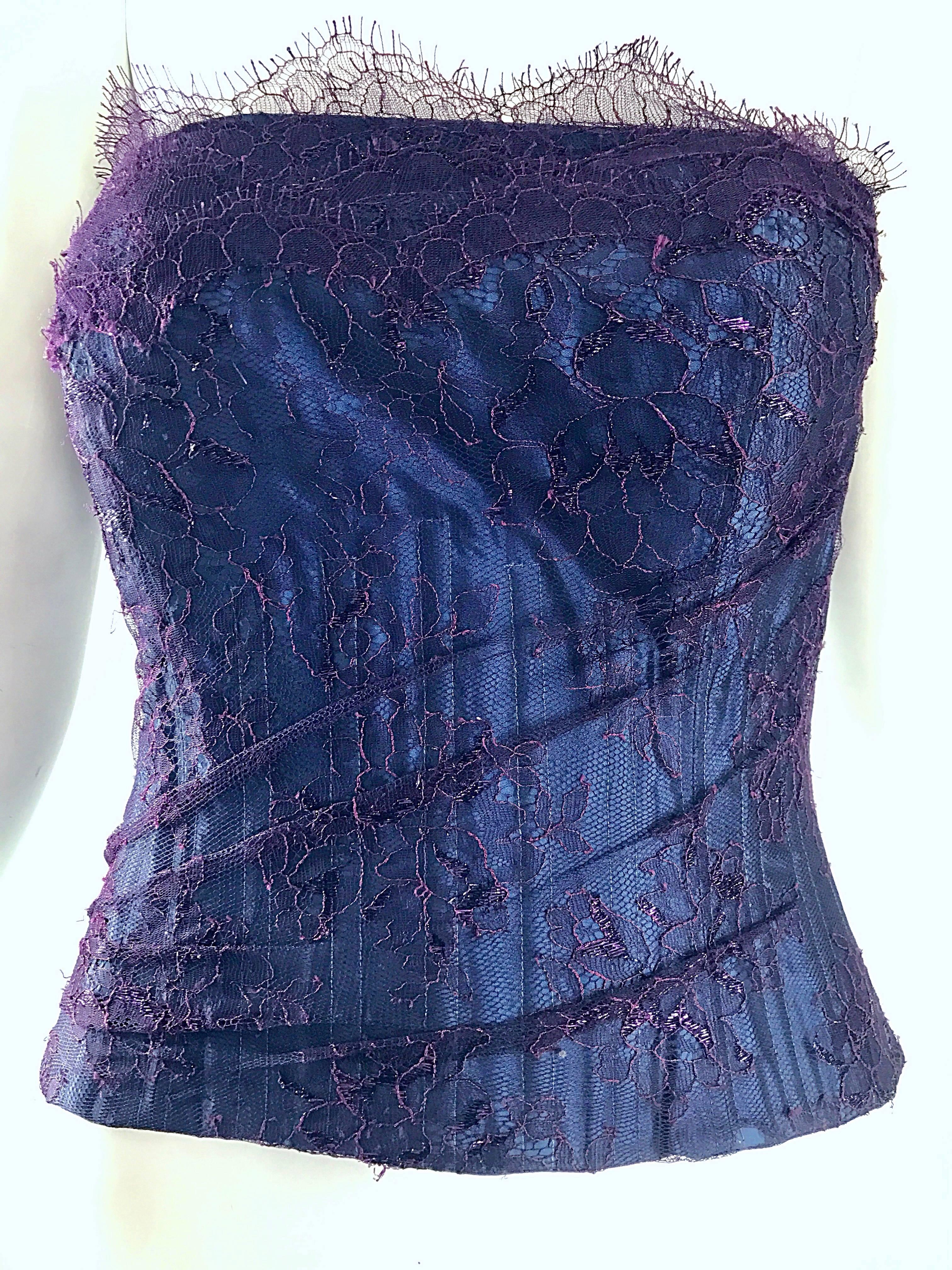 Women's Gorgeous 1950s Purple + Blue Silk Lace Vintage 50s Bustier Corset Top Blouse