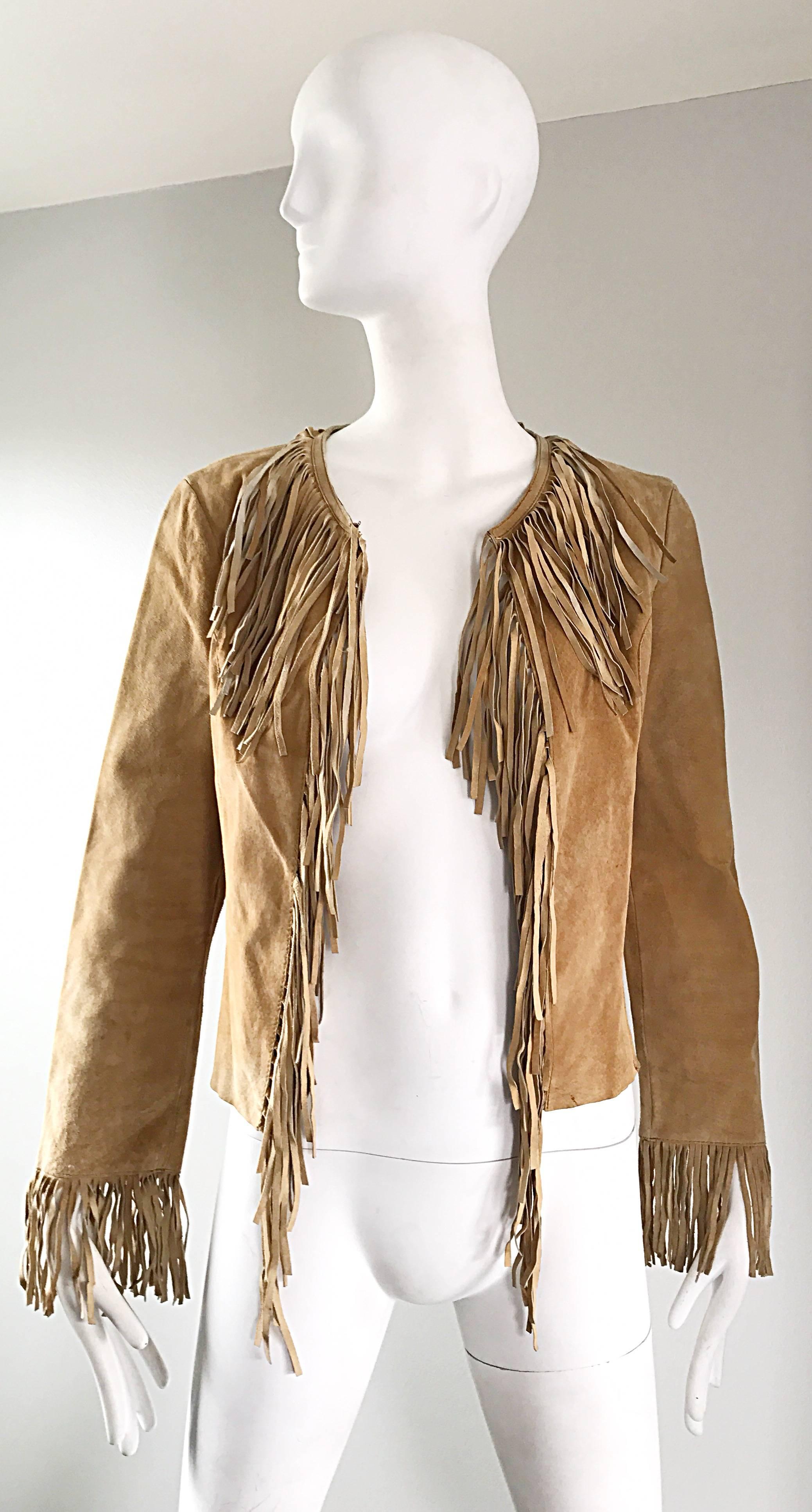 Women's or Men's Amazing 1970s Tan Suede Leather Fringe Vintage 70s Light Brown Boho Jacket
