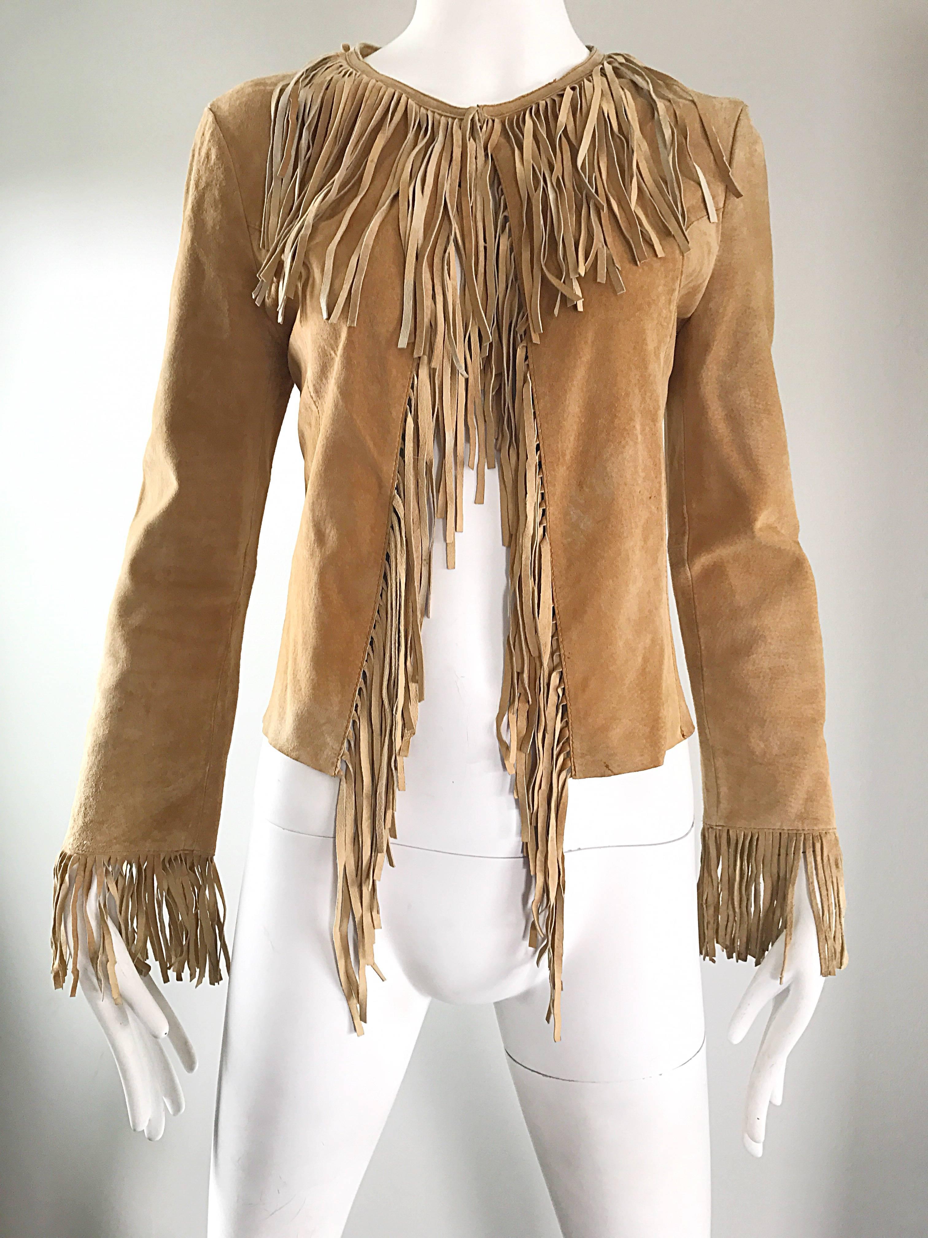 Amazing 1970s Tan Suede Leather Fringe Vintage 70s Light Brown Boho Jacket 1