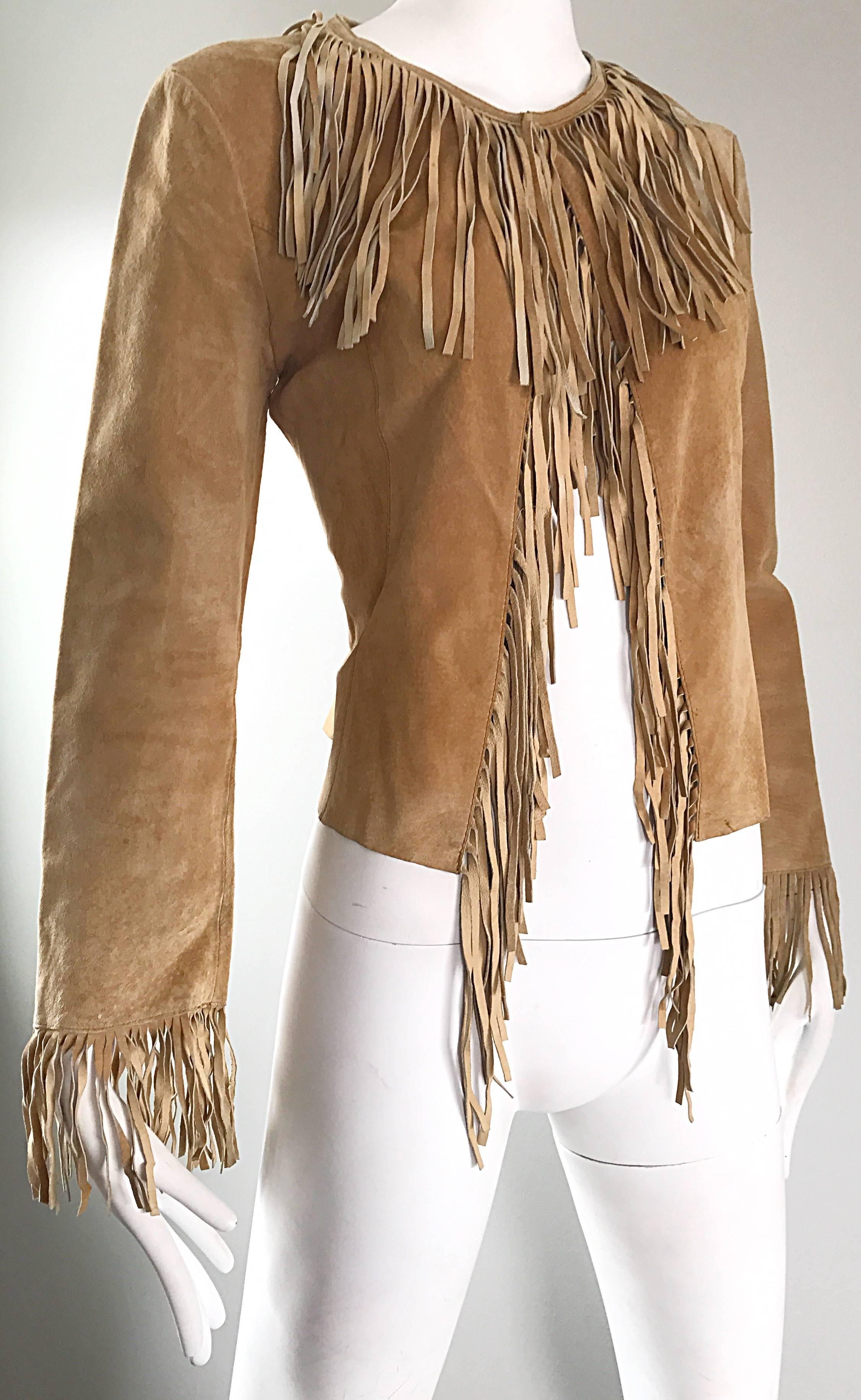 Amazing 1970s Tan Suede Leather Fringe Vintage 70s Light Brown Boho Jacket 3