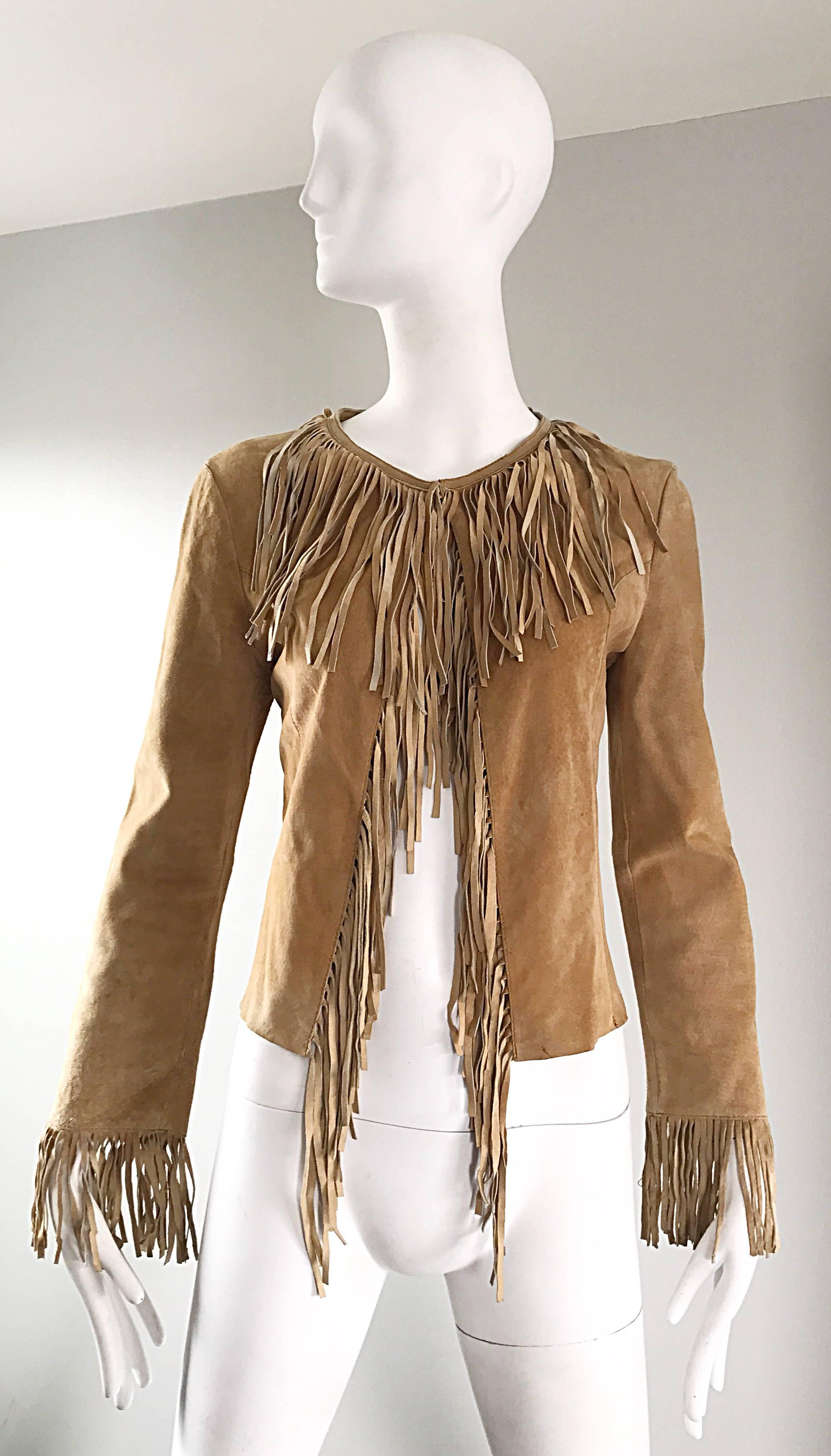 Amazing 1970s Tan Suede Leather Fringe Vintage 70s Light Brown Boho Jacket 4
