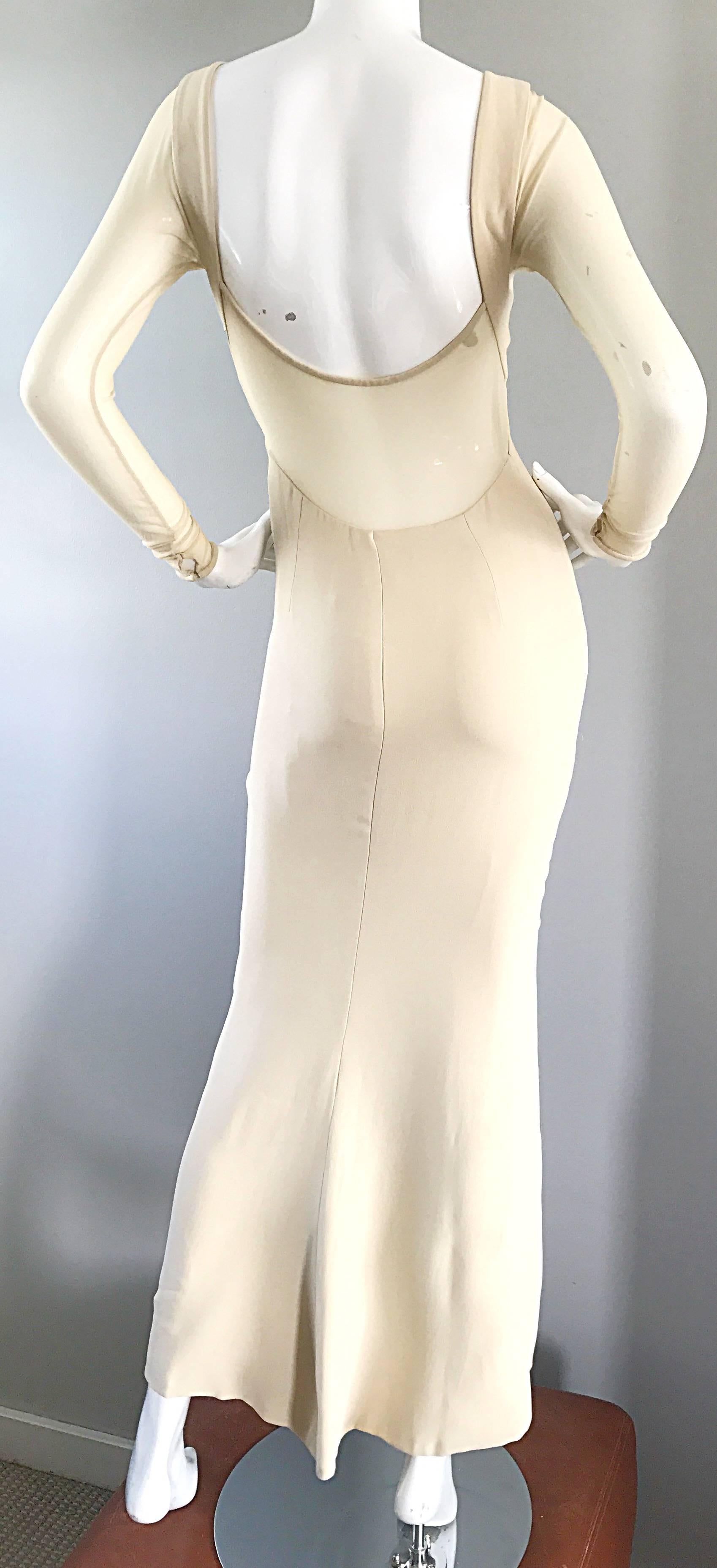 Beige Vera Wang 1990s Nude Silk Semi Sheer Sleeves Cut - Out Back Vintage 90s Gown