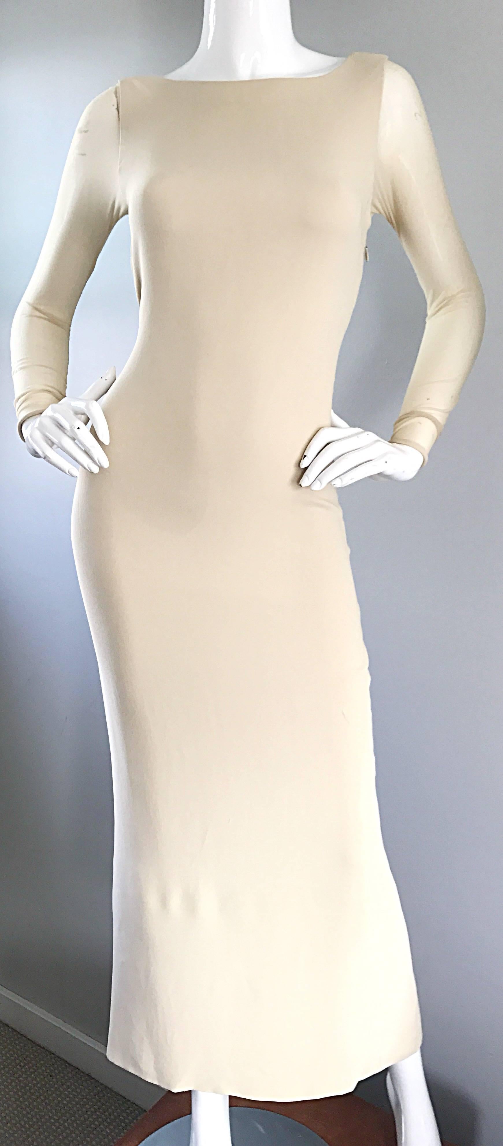 Women's Vera Wang 1990s Nude Silk Semi Sheer Sleeves Cut - Out Back Vintage 90s Gown