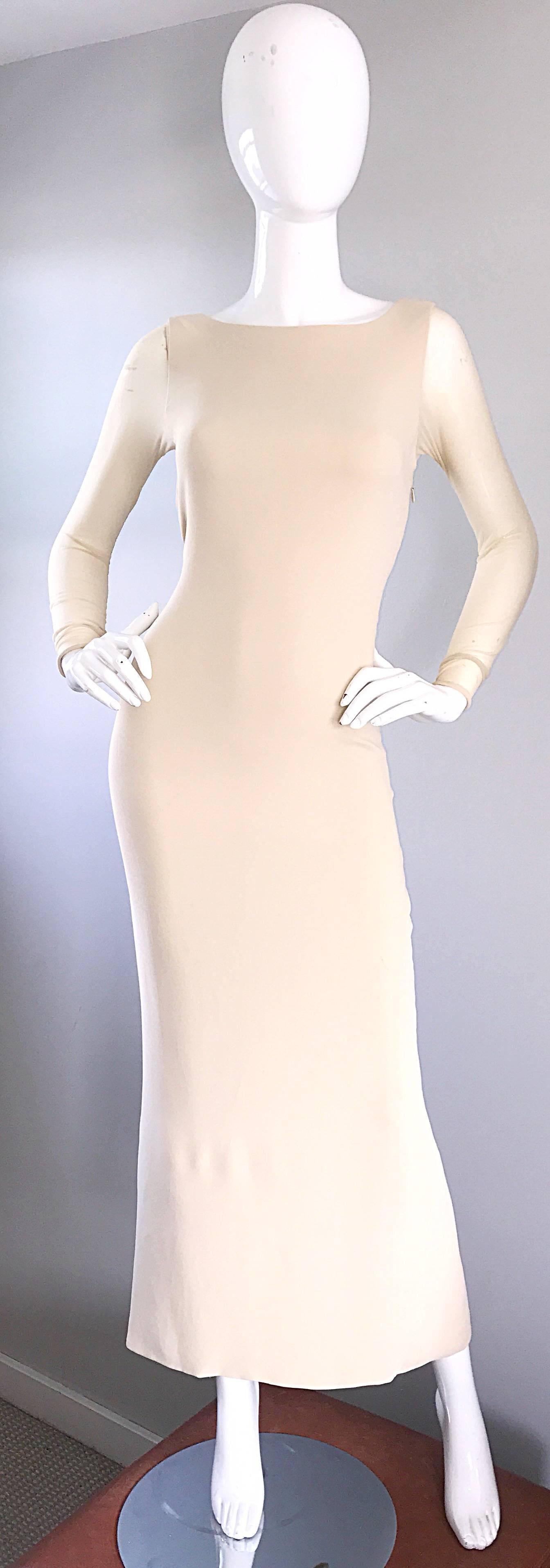 Vera Wang 1990s Nude Silk Semi Sheer Sleeves Cut - Out Back Vintage 90s Gown 2