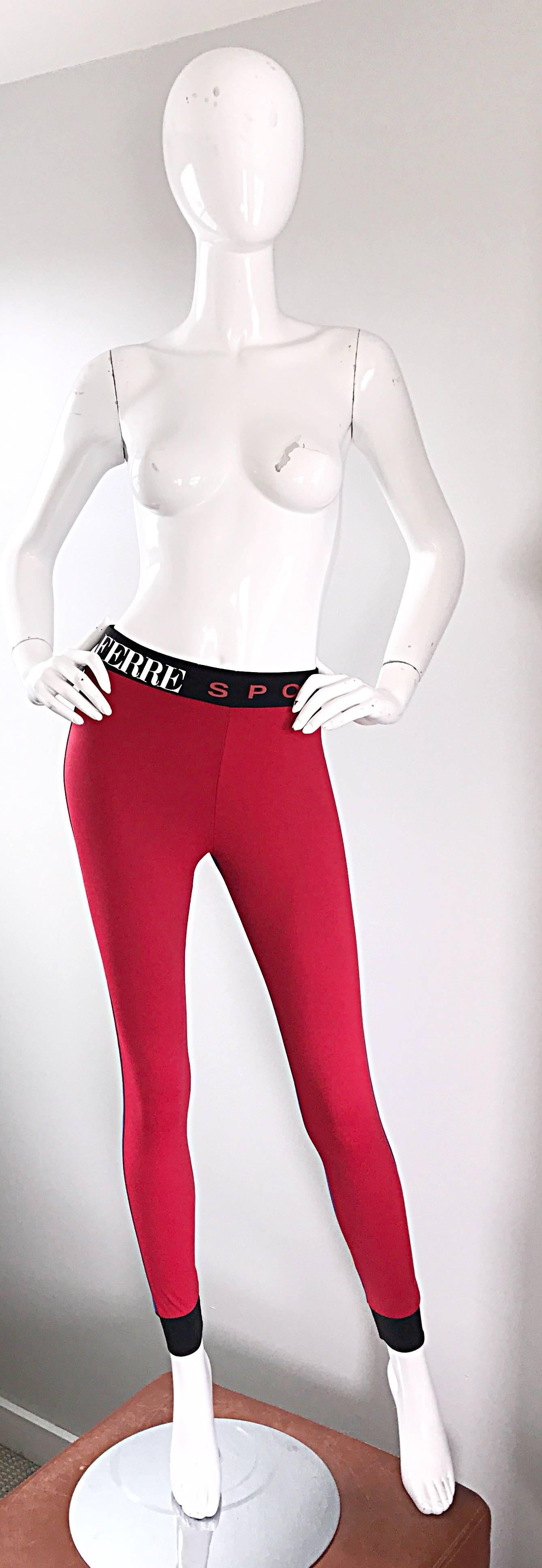 Early 1990s GIANFRANCO FERRE blue and red stretch high waisted color blocked leggings / pants! Features a red front and blue back. Black ribbed cuff at each ankle, and waistband. Soft cotton stretches to fit. In great condition. Made in Italy.