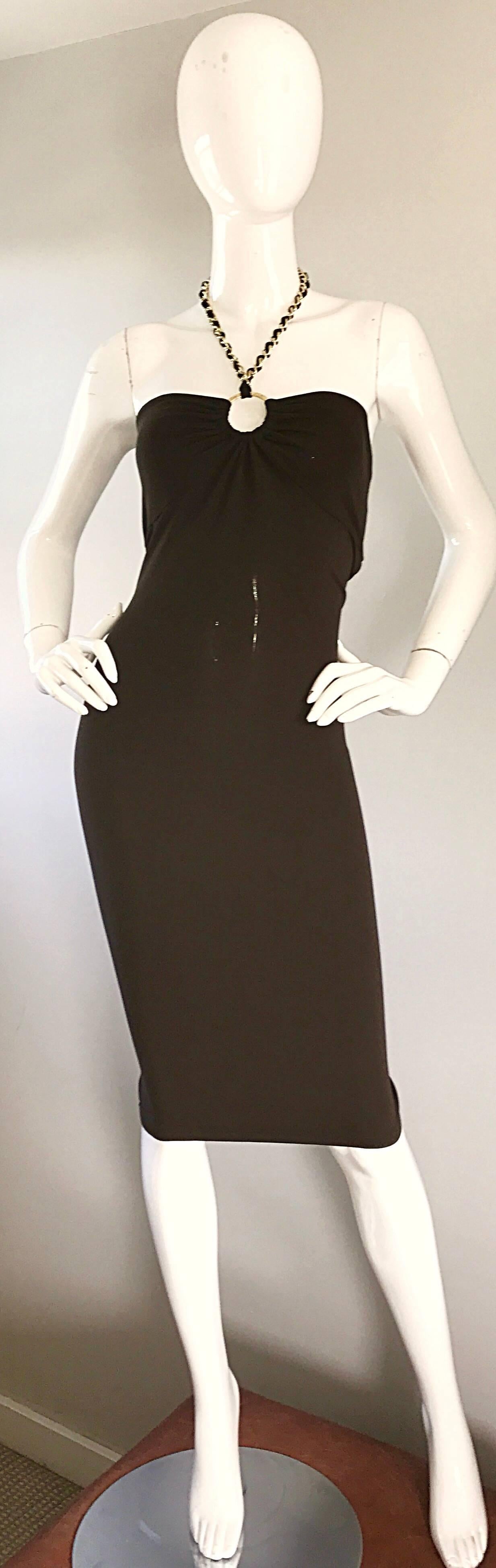 NWT Michael Kors Collection Size 12 Brown Silk Jersey Gold Chain Halter Dress For Sale 1
