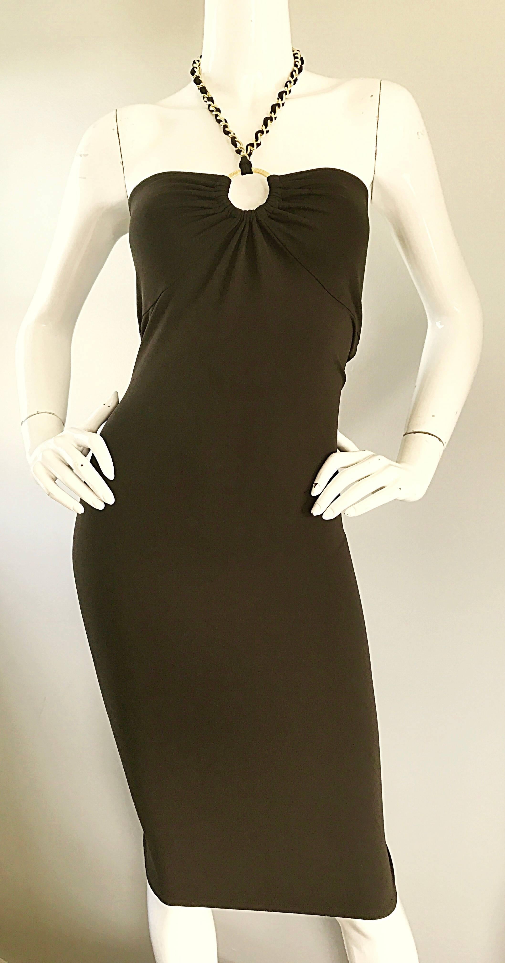 Black NWT Michael Kors Collection Size 12 Brown Silk Jersey Gold Chain Halter Dress For Sale