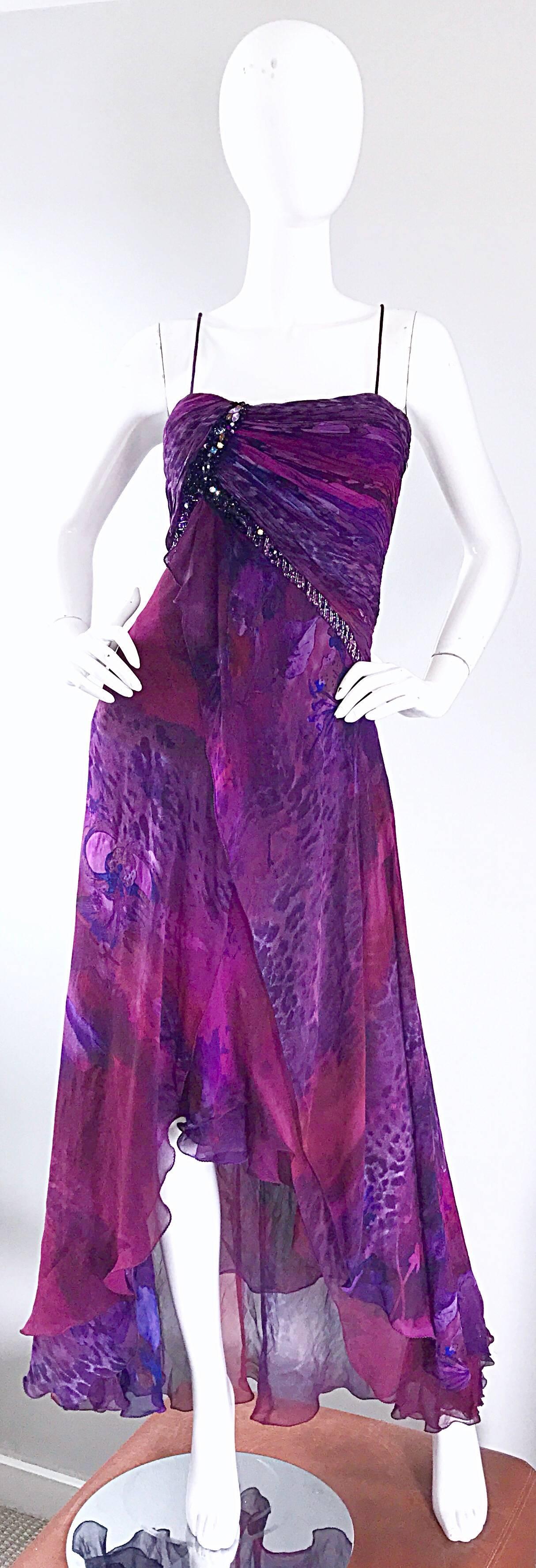 Gorgeous vintage 1990s DIANE FREIS purple, pink, and fuchsia silk chiffon Size 14 ombre leopard print gown! Features hundreds of hand-sewn sequins, beads, crystals and rhinestones on the bust. Flowy panels of asymmetrical silk chiffon looks amazing