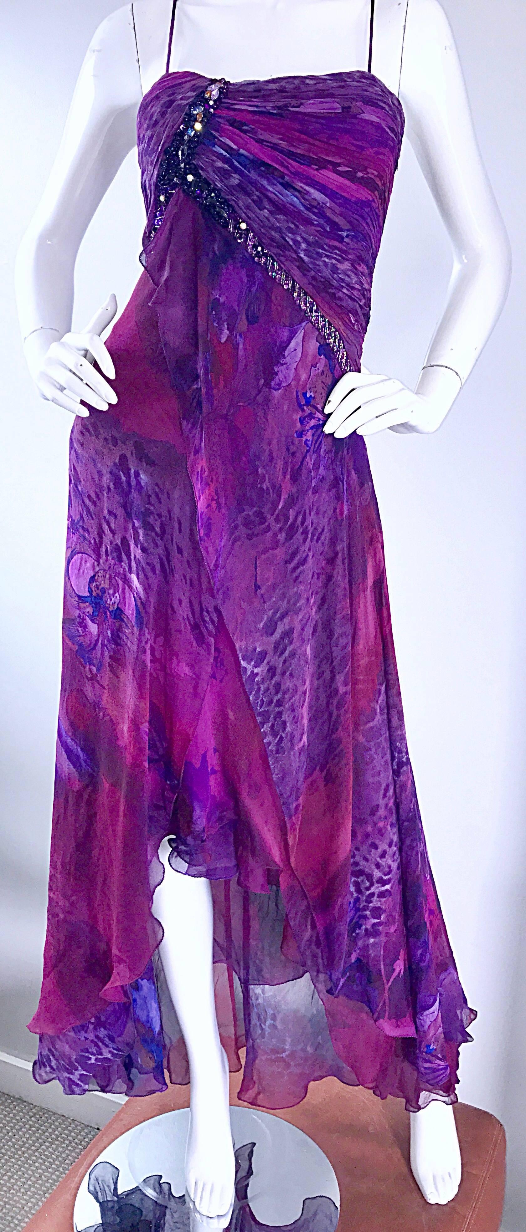Vintage 90s Diane Freis Size 14 Silk Chiffon Purple + Fuchsia Ombre Maxi Dress  In Excellent Condition In San Diego, CA