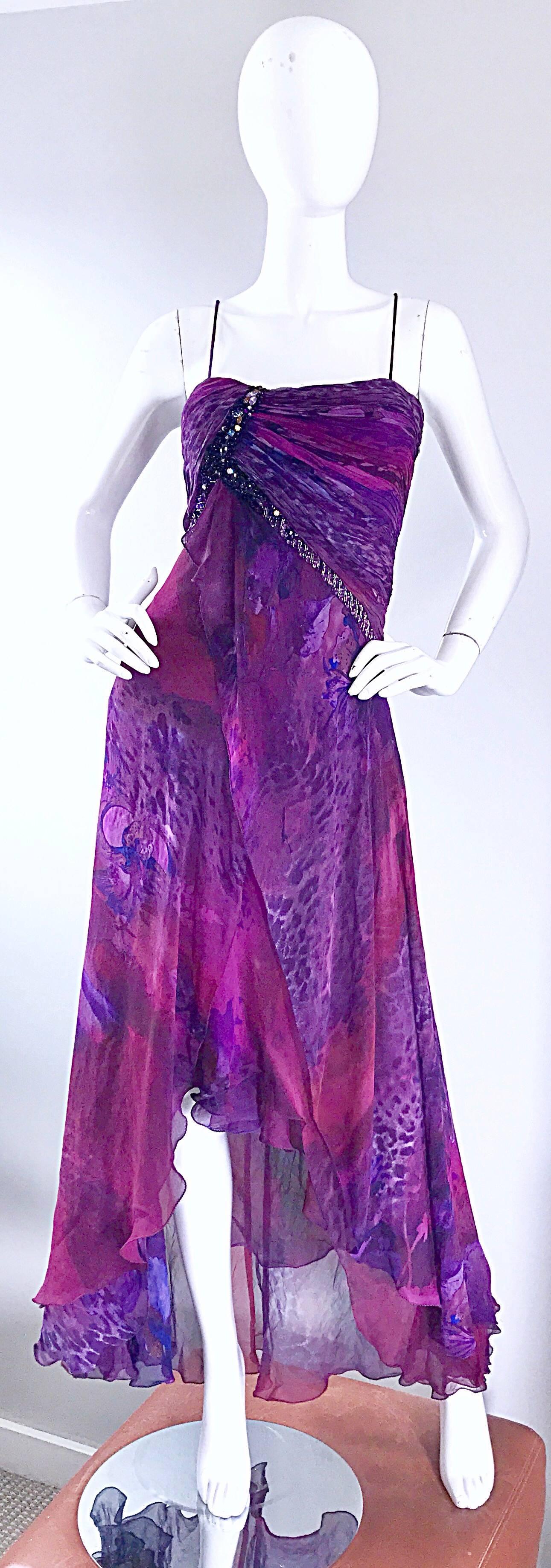 Vintage 90s Diane Freis Size 14 Silk Chiffon Purple + Fuchsia Ombre Maxi Dress  2