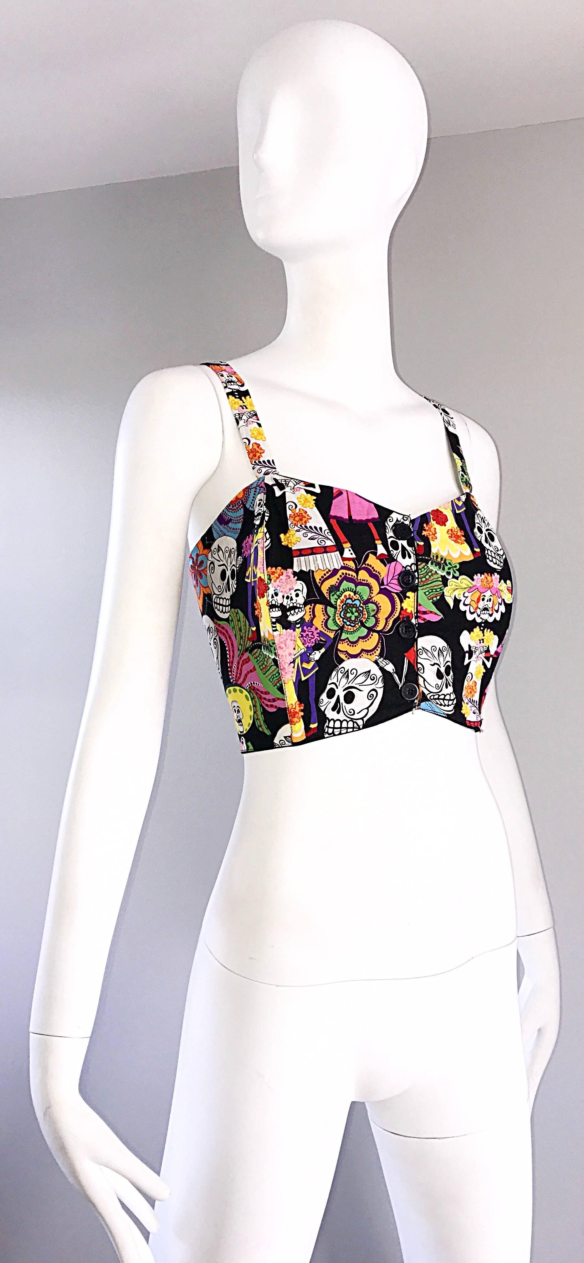 Black Amazing 1990s ' Day of the Dead ' Plus Size Novelty Vintage 90s Cotton Crop Top For Sale