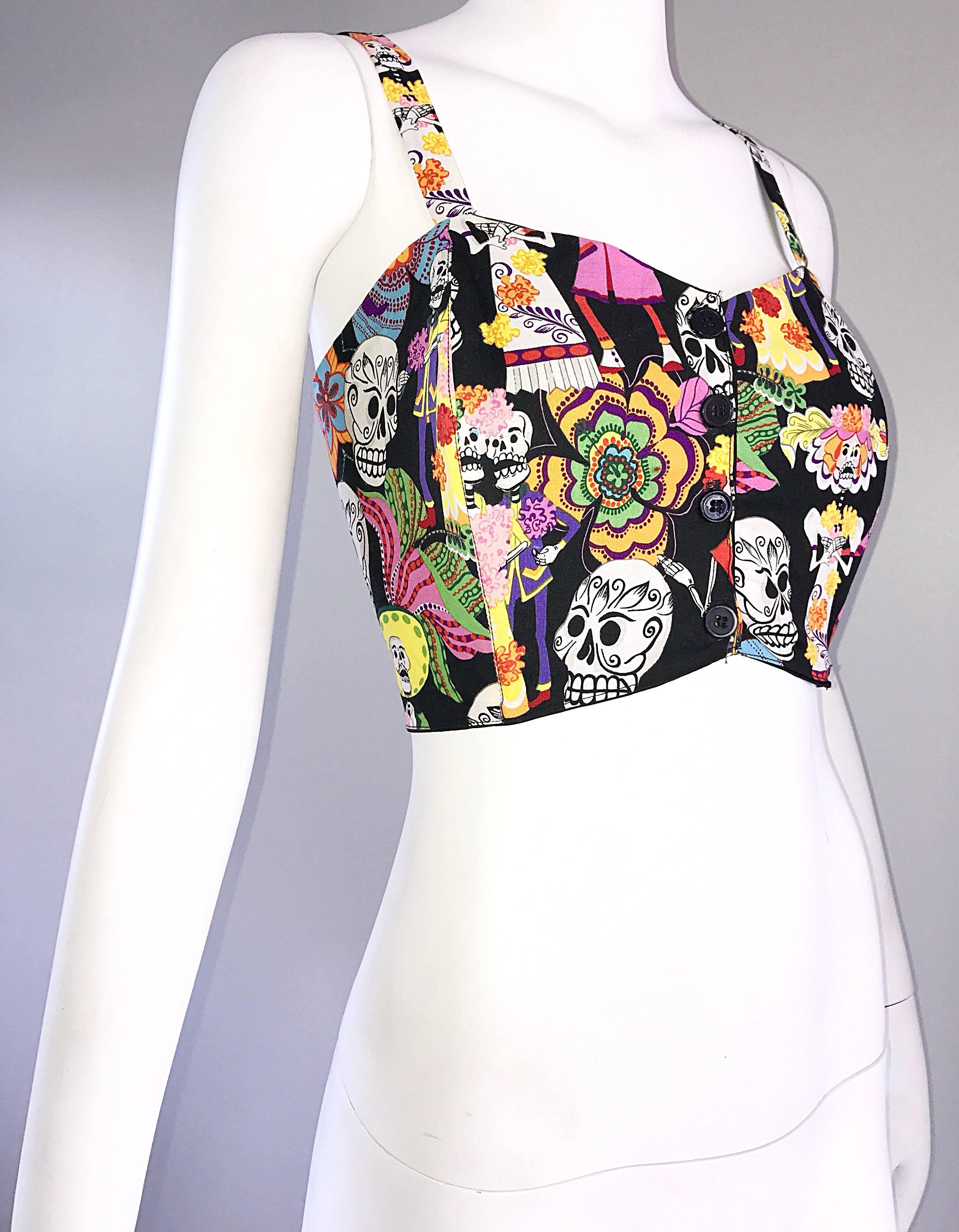 Amazing 1990s ' Day of the Dead ' Plus Size Novelty Vintage 90s Cotton Crop Top For Sale 1