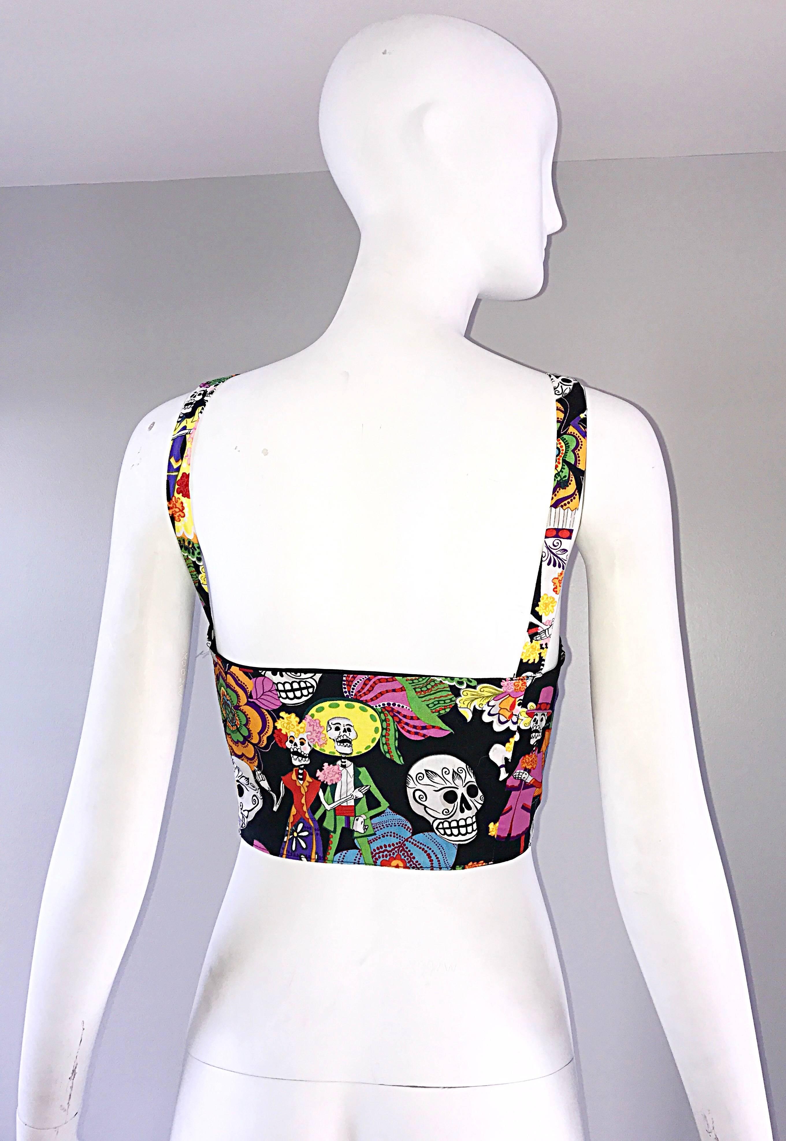 Amazing 1990s ' Day of the Dead ' Plus Size Novelty Vintage 90s Cotton Crop Top For Sale 2