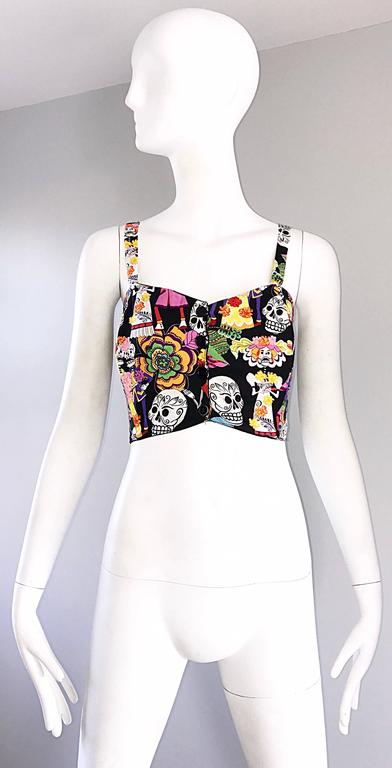 Amazing 1990s ' Day of the Dead ' Plus Size Novelty Vintage 90s Cotton Crop Top For Sale 5