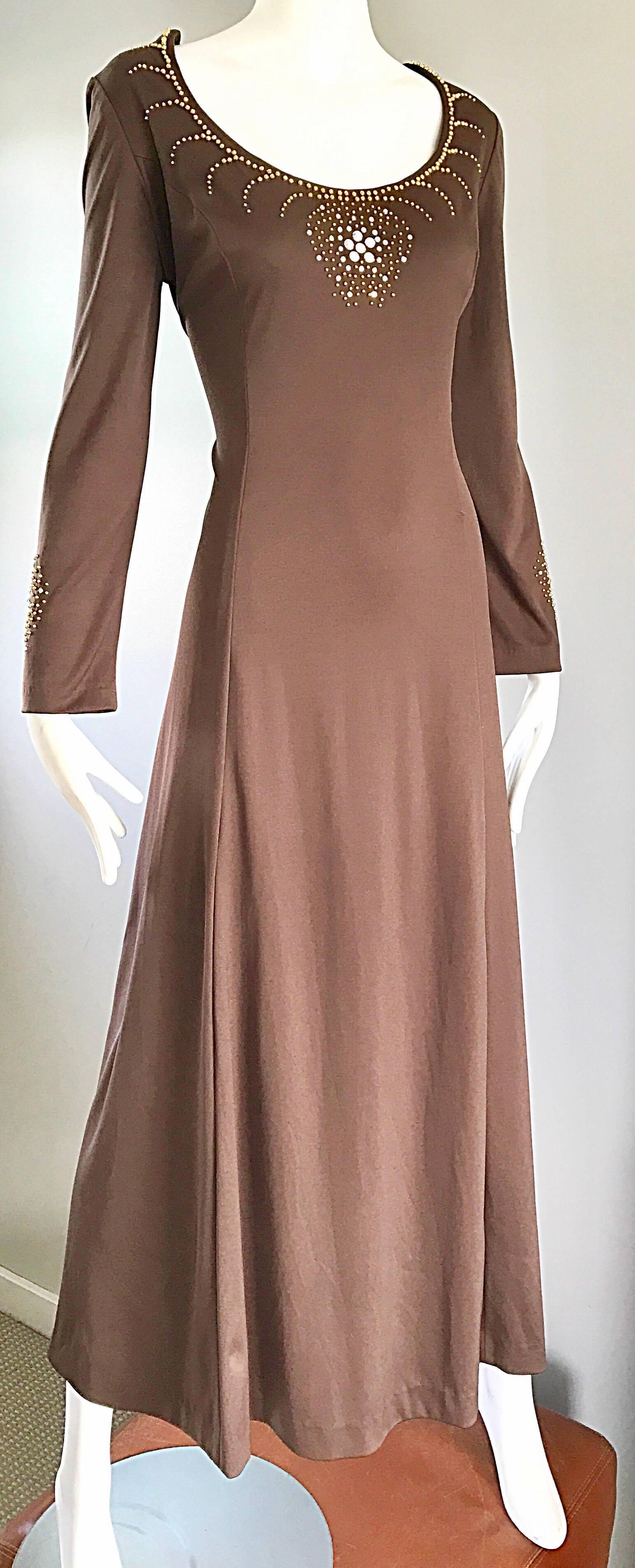 1970s Grecian Light Coffee Brown Beaded Rhinestone Vintage 70s Maxi Dress  In Excellent Condition For Sale In San Diego, CA