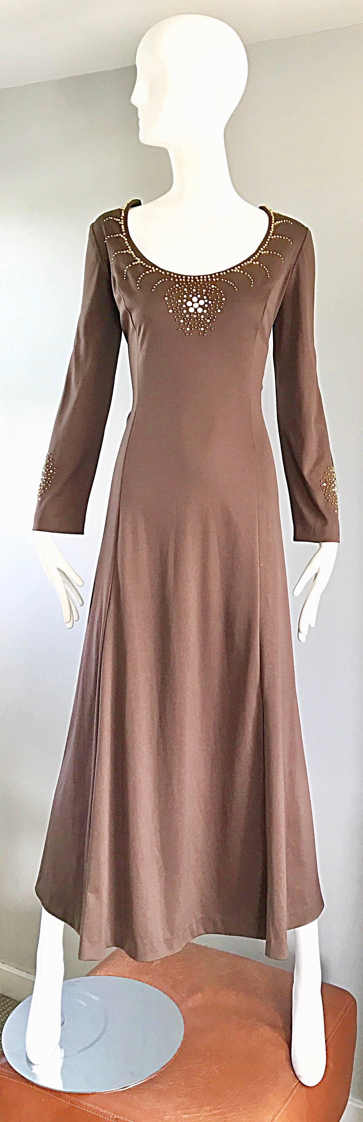 Women's 1970s Grecian Light Coffee Brown Beaded Rhinestone Vintage 70s Maxi Dress For Sale