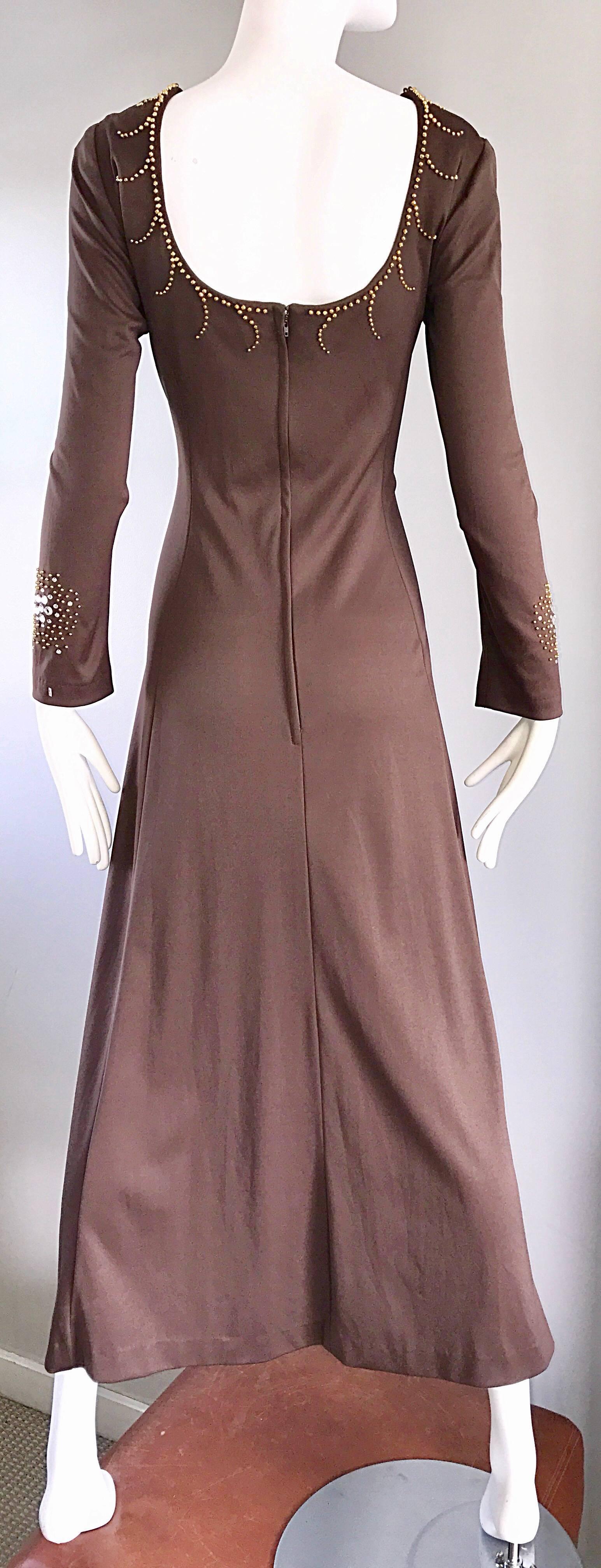 1970s Grecian Light Coffee Brown Beaded Rhinestone Vintage 70s Maxi Dress For Sale 1